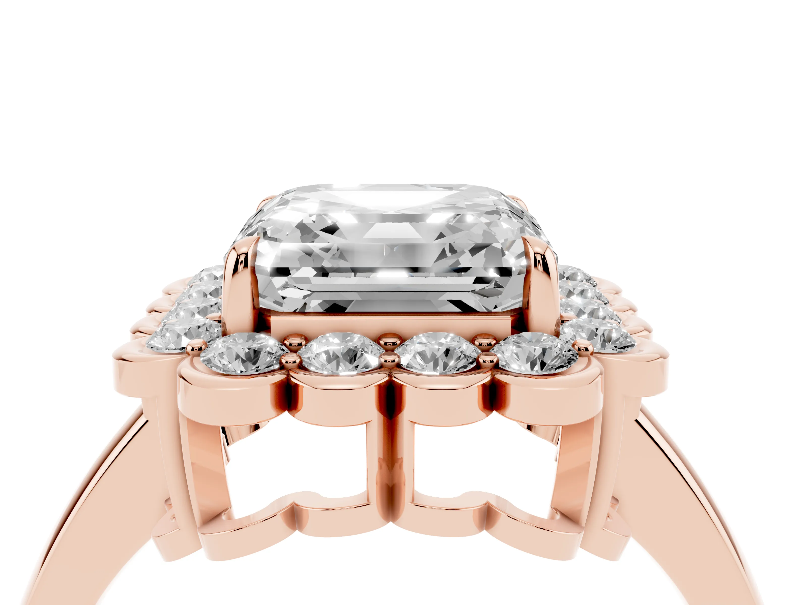 Asscher Cut Diamond Halo Cluster Engagement Ring Set in Rose gold with Solitaire Band and Prong Setting