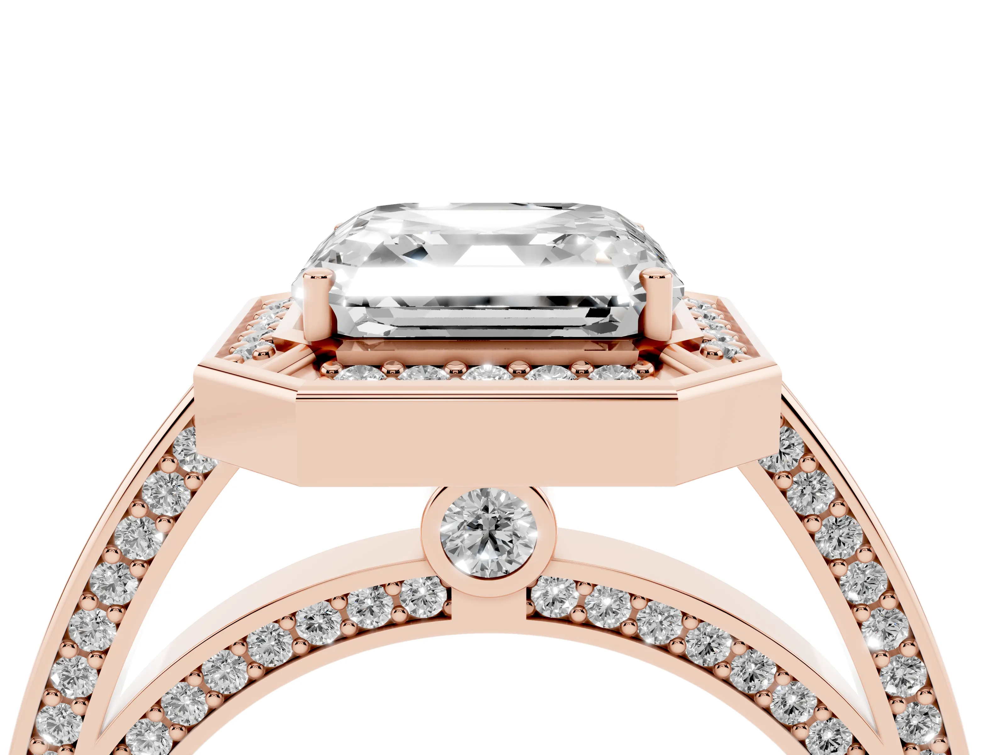 Asscher Cut Diamond Halo Pavé Split Shank Ring Set in Rose gold with Prong Setting