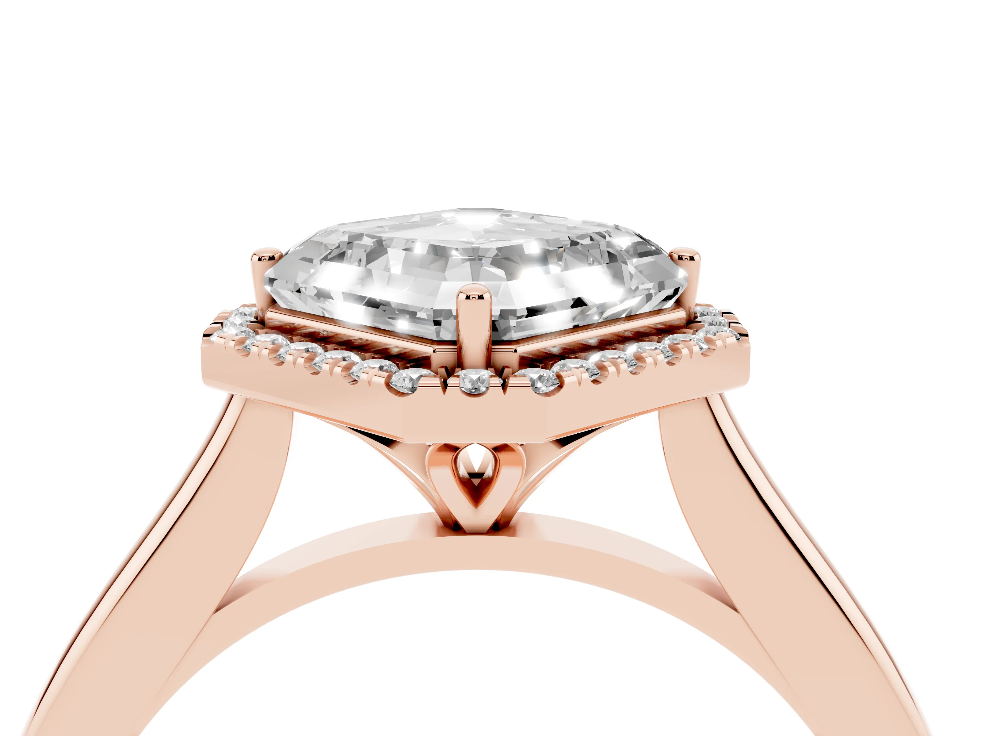 Asscher Cut Diamond Halo Engagement Ring Set in Rose gold with Pavé Band and Rising Shoulders