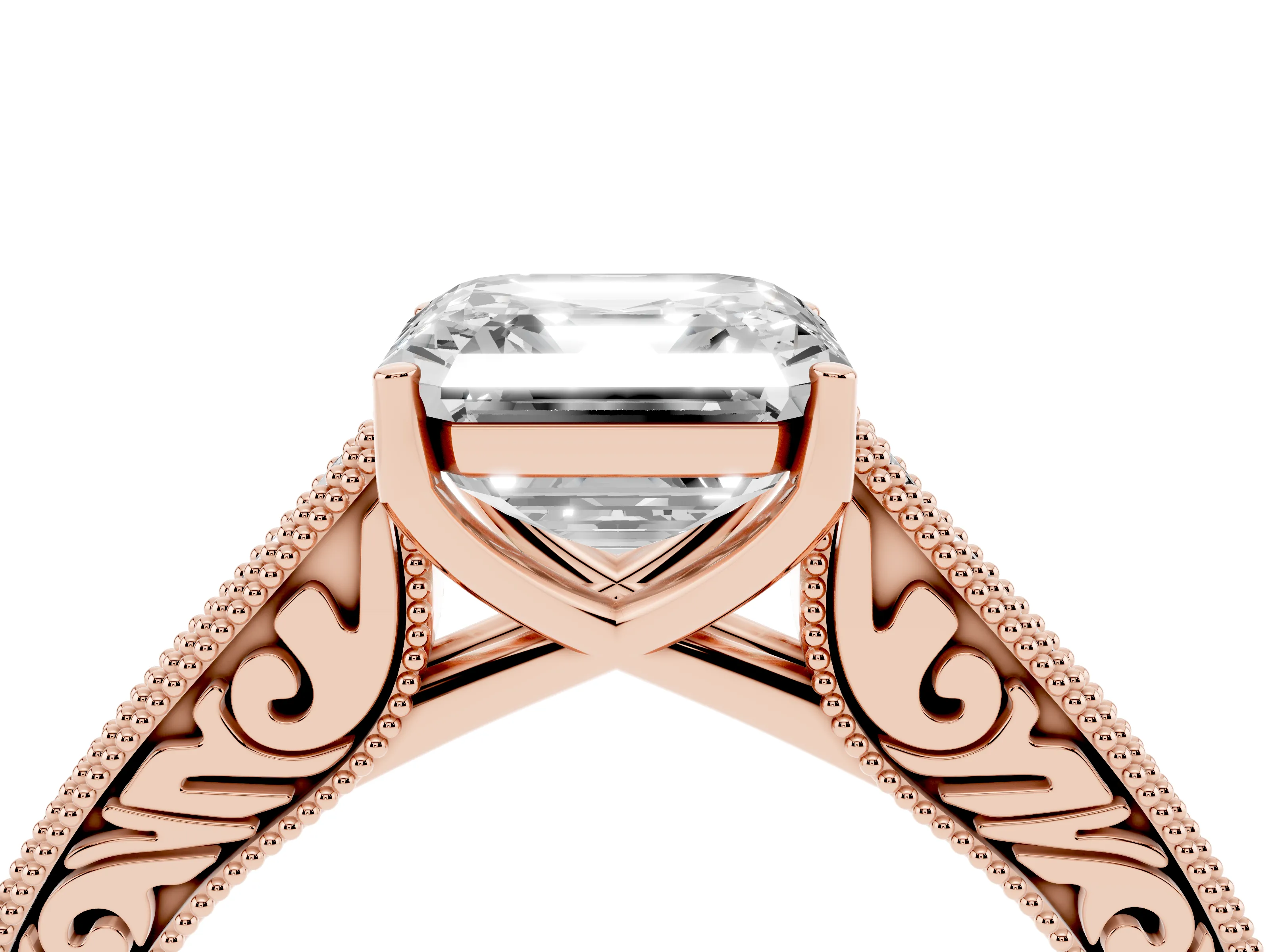 Asscher Cut Diamond Milgrain Pavé Band Solitaire Ring Set in Rose gold with Prong Setting