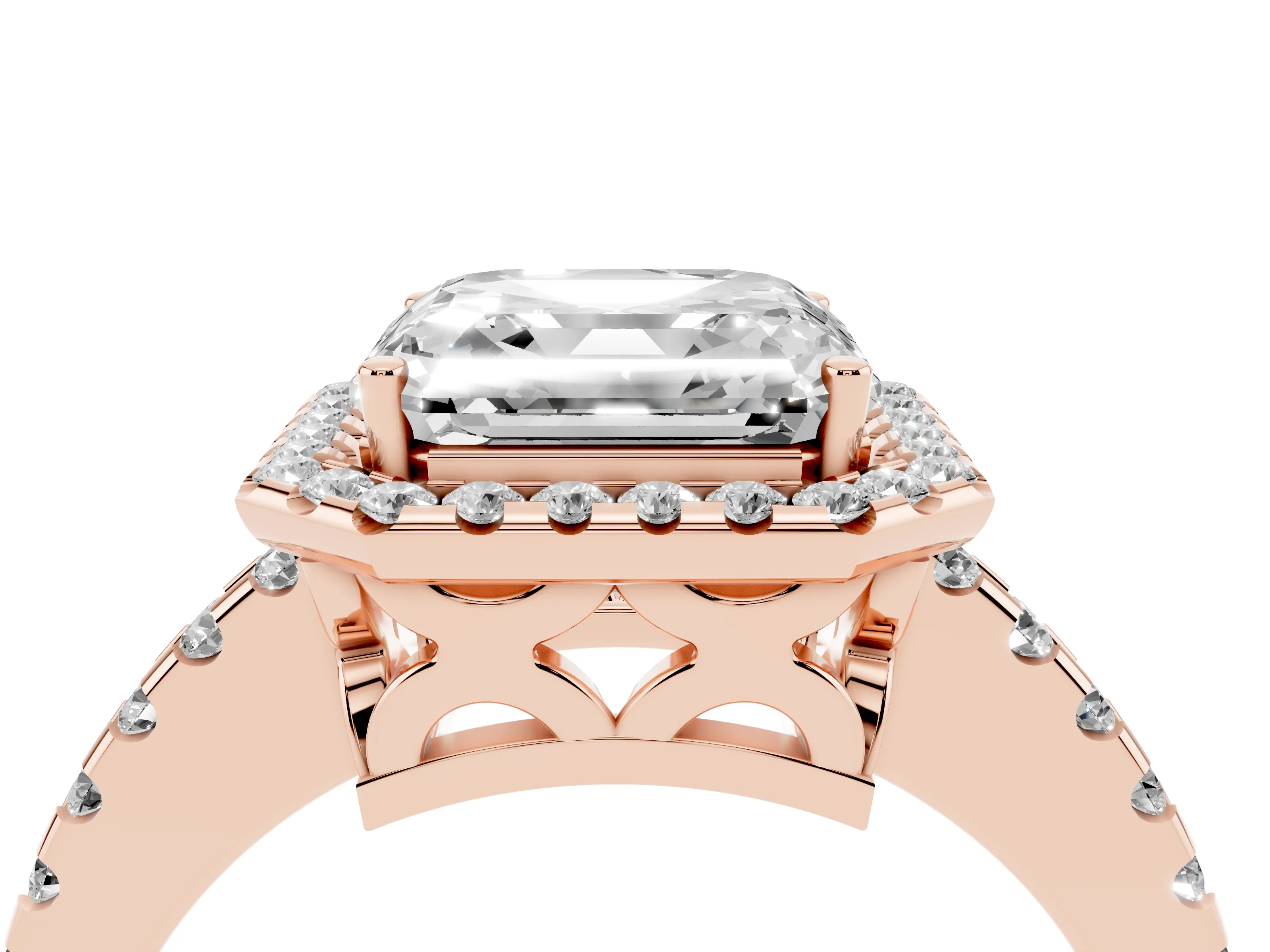 Asscher Cut Diamond Halo Ring Set in Rose gold with Pavé Shoulders and Halo-Framed Center