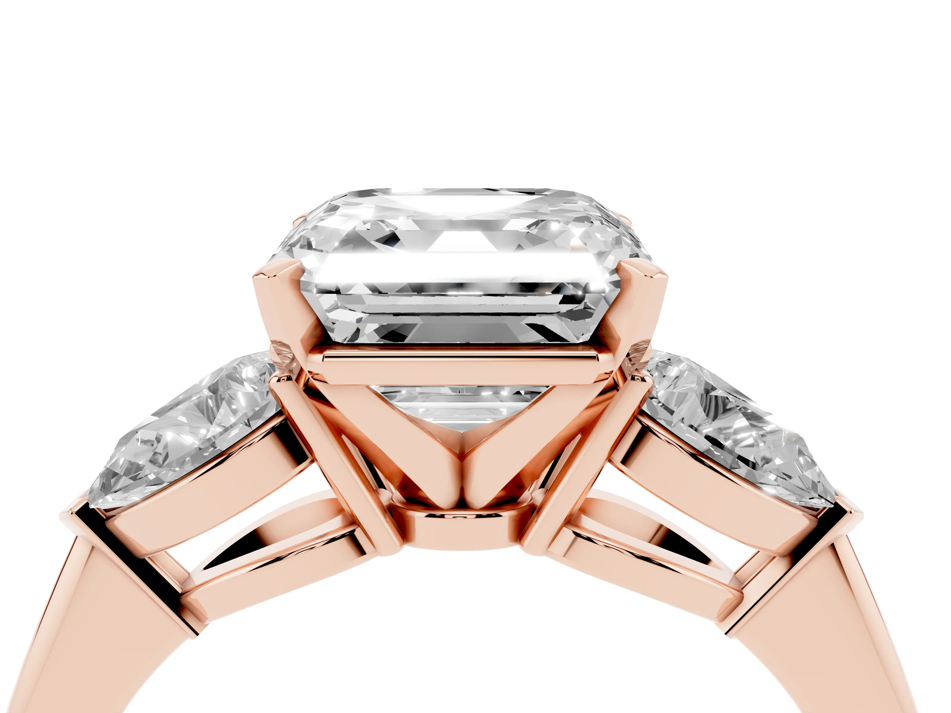 Three-Stone Asscher Cut Diamond Ring Set in Rose gold with Pear Side Stones and Prong Setting