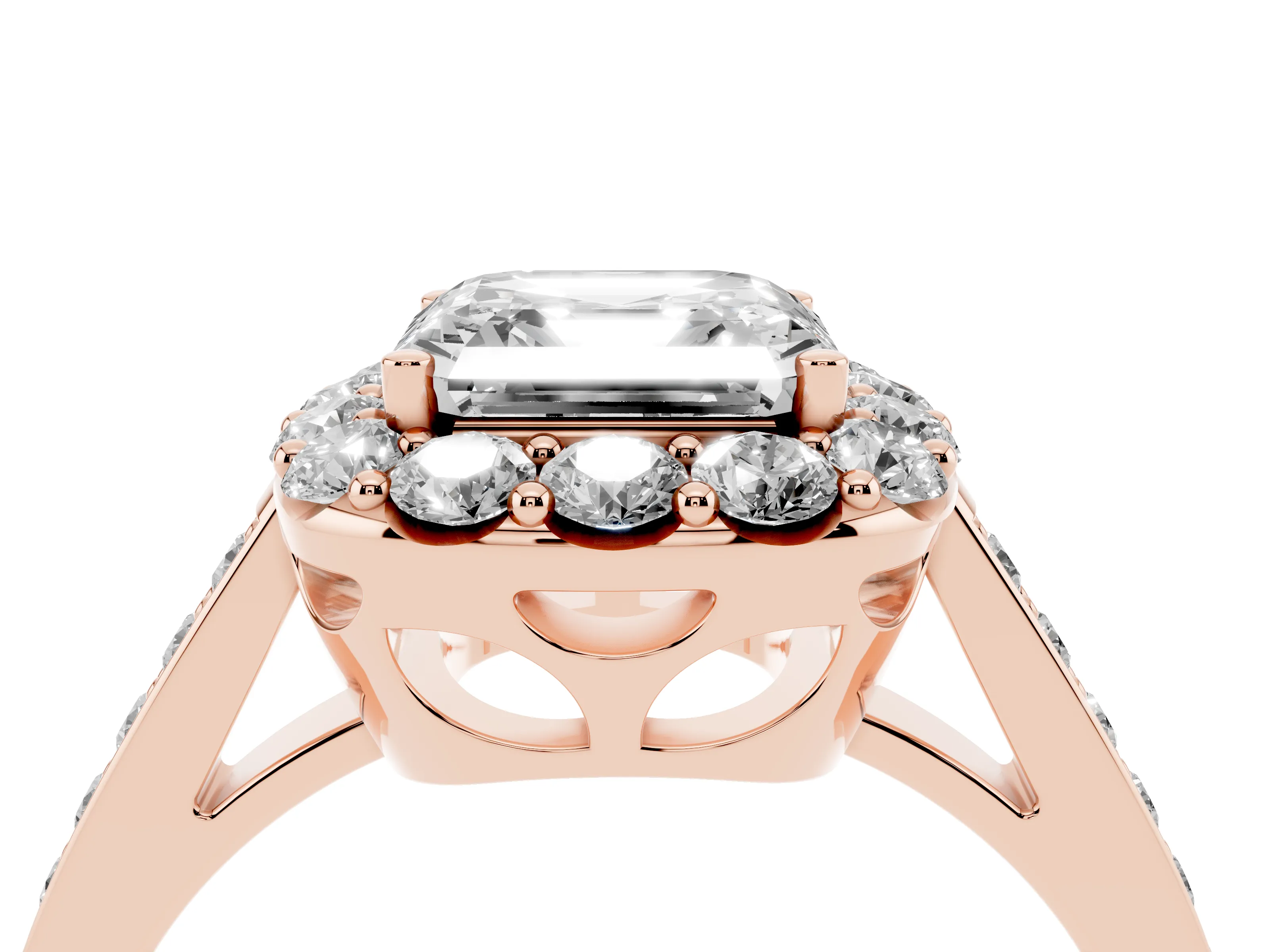 Asscher Cut Diamond Floral Halo Ring Set in Rose gold with Pavé Band and Prong Setting