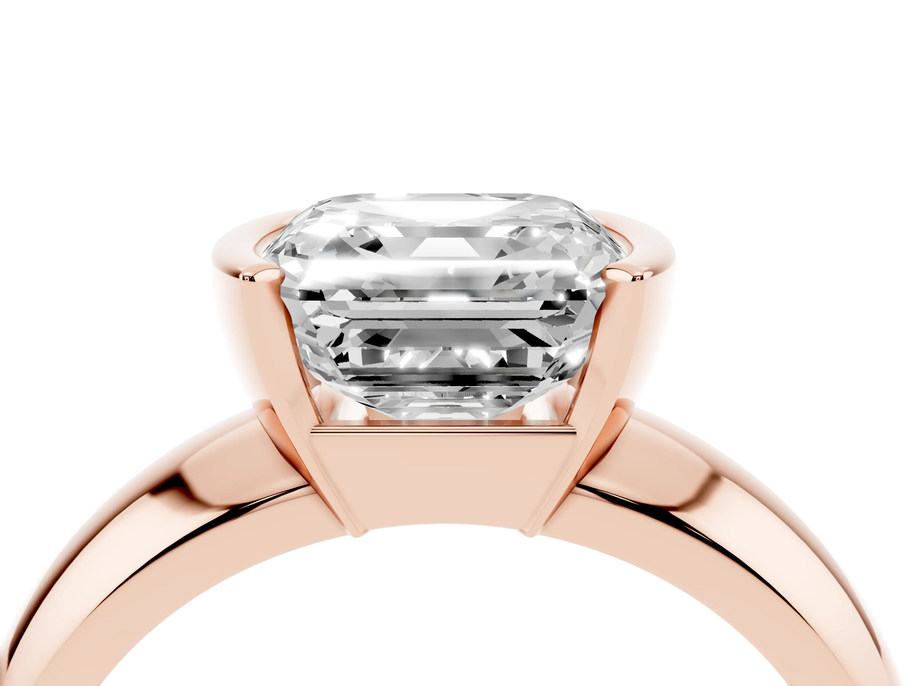 Asscher Cut Diamond Solitaire Tension Set Ring Set in Rose gold with Wide Band