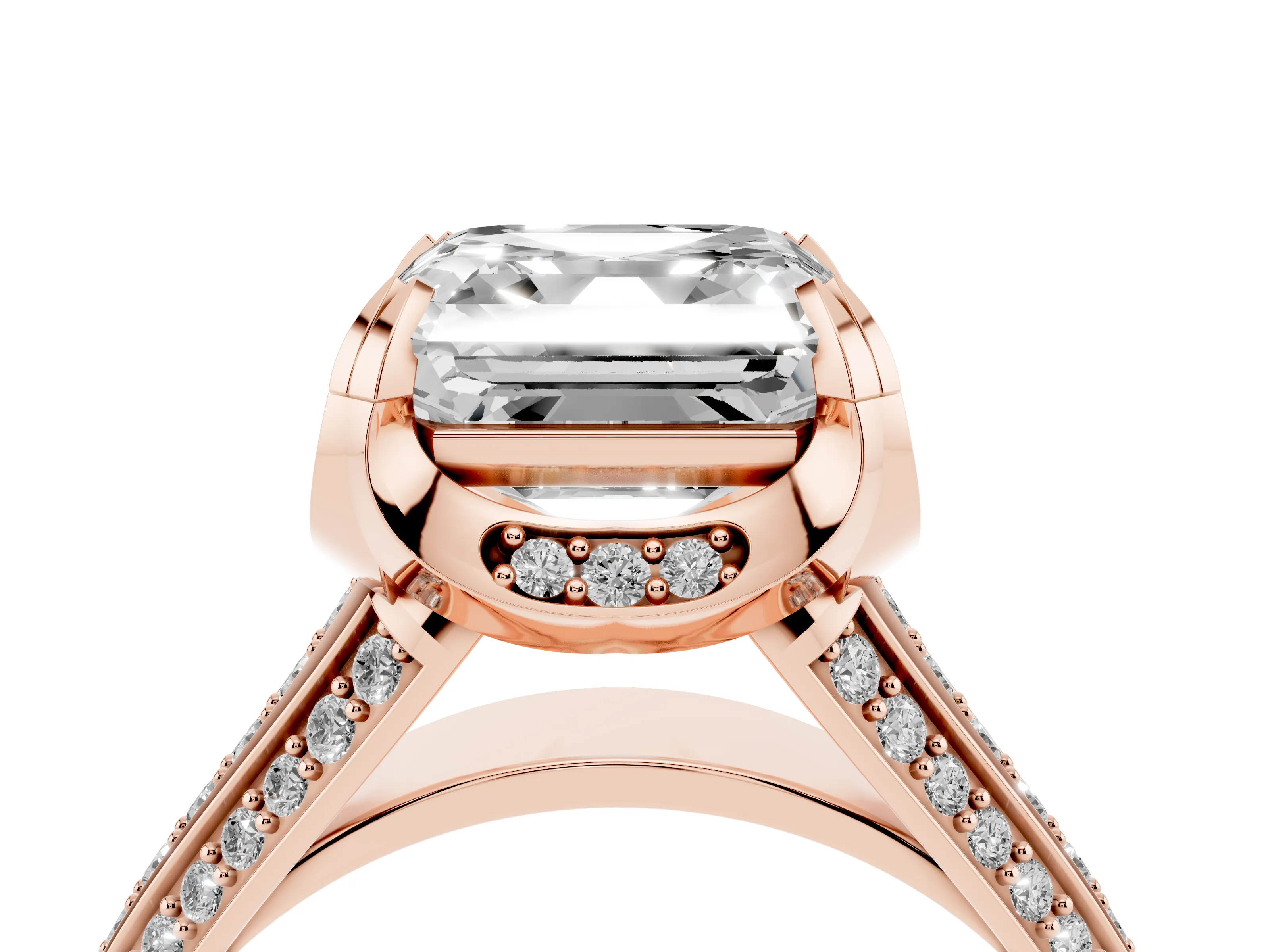 Asscher Cut Diamond Pavé Split Shank Solitaire Ring Set in Rose gold with Prong Setting