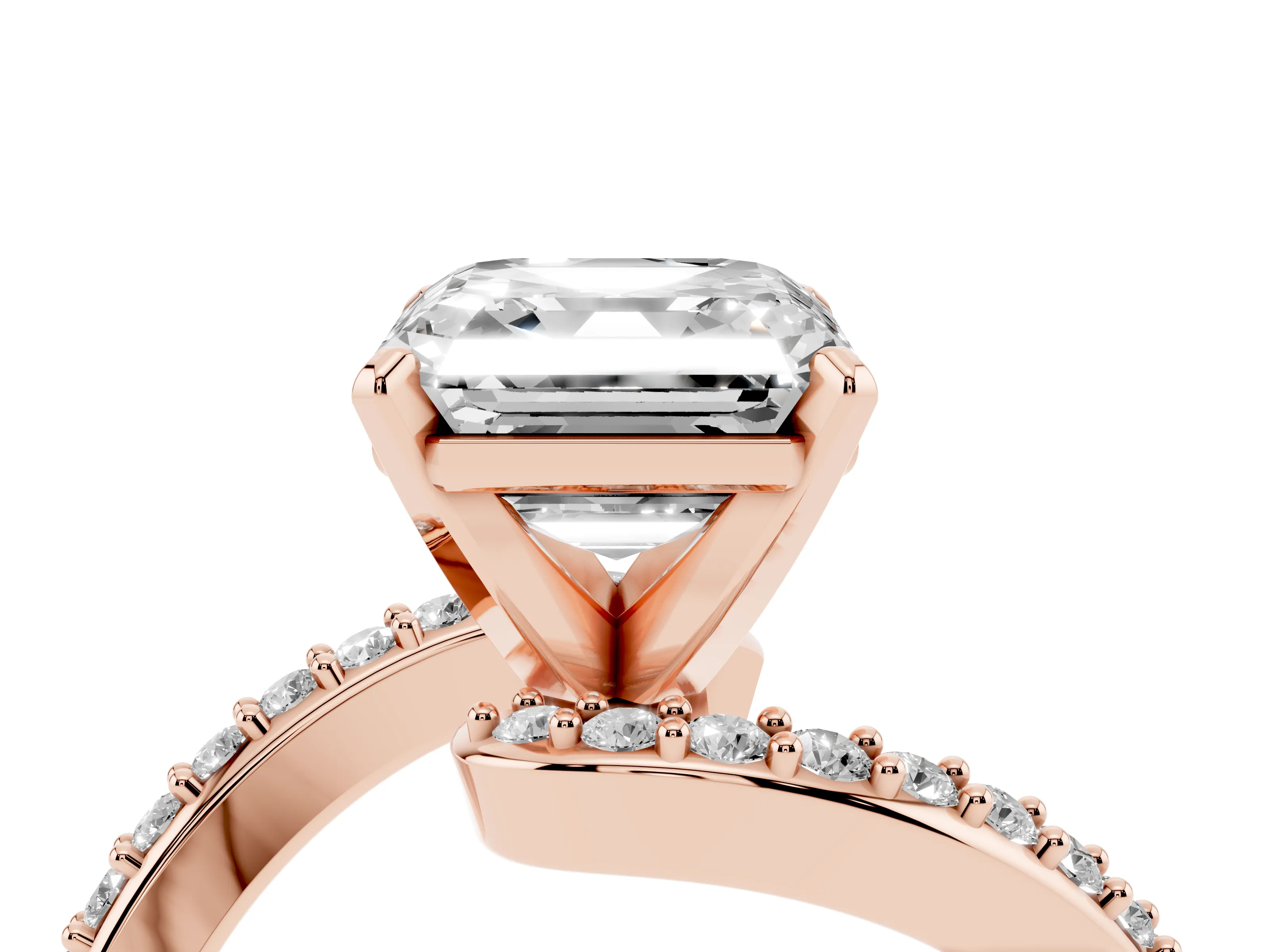 Asscher Cut Diamond Solitaire Ring Set in Rose gold with Pavé Twist Band and Prong Setting