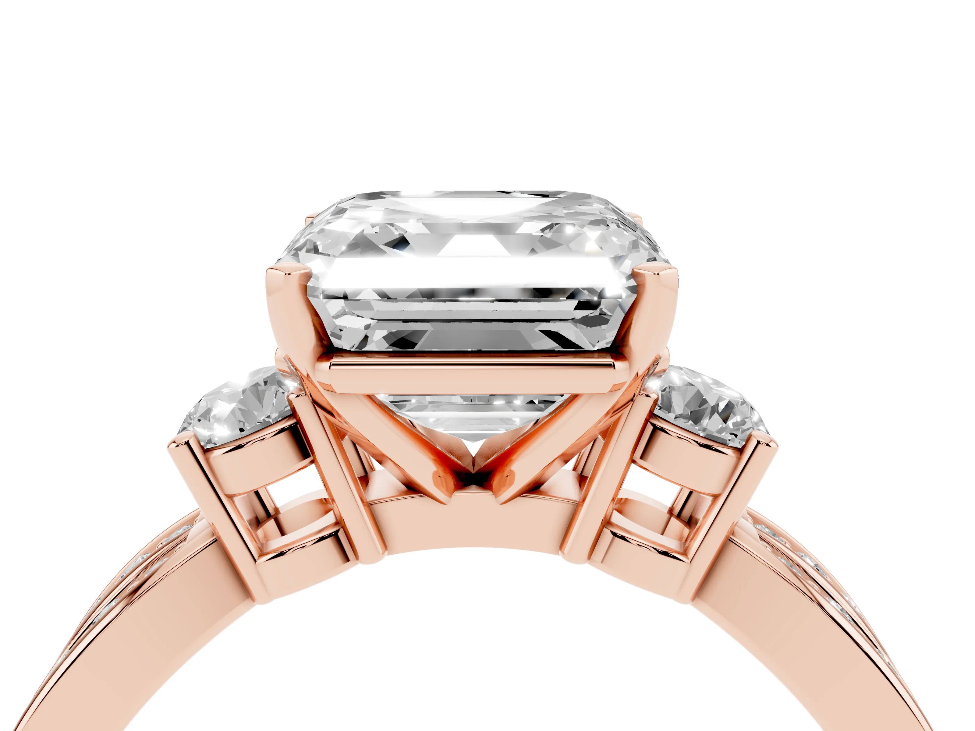 Three-Stone Asscher Cut Diamond Twist Band Ring Set in Rose gold with Pavé Accents and Prong Setting