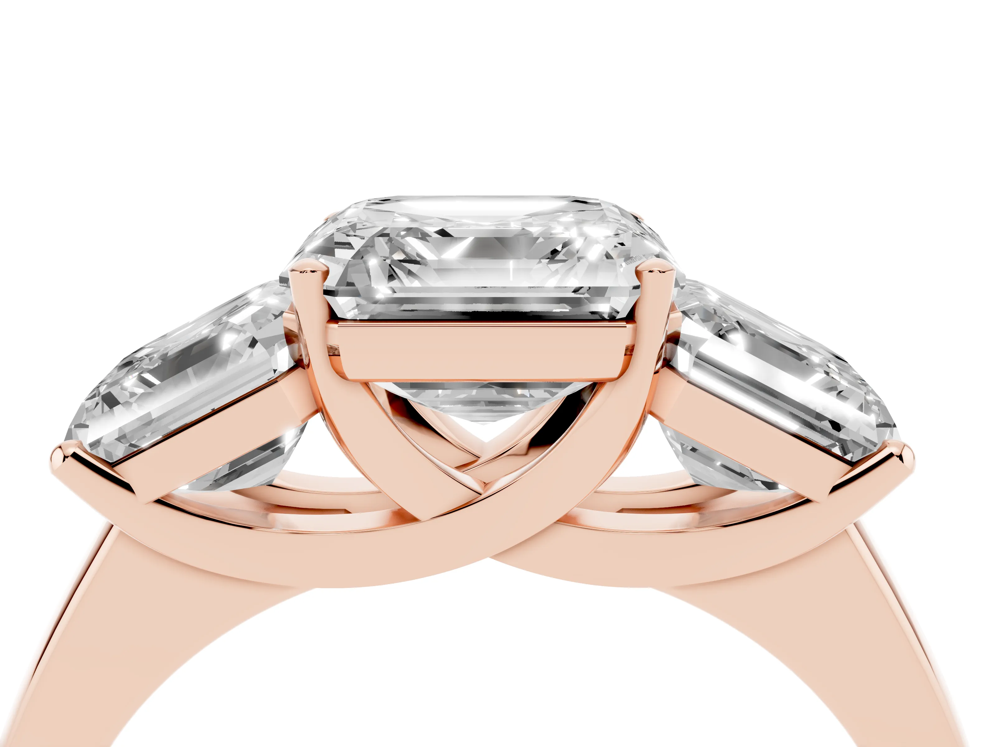 Asscher Cut Diamond Three-Stone Ring Set in Rose gold with Classic Prong Setting and Plain Band