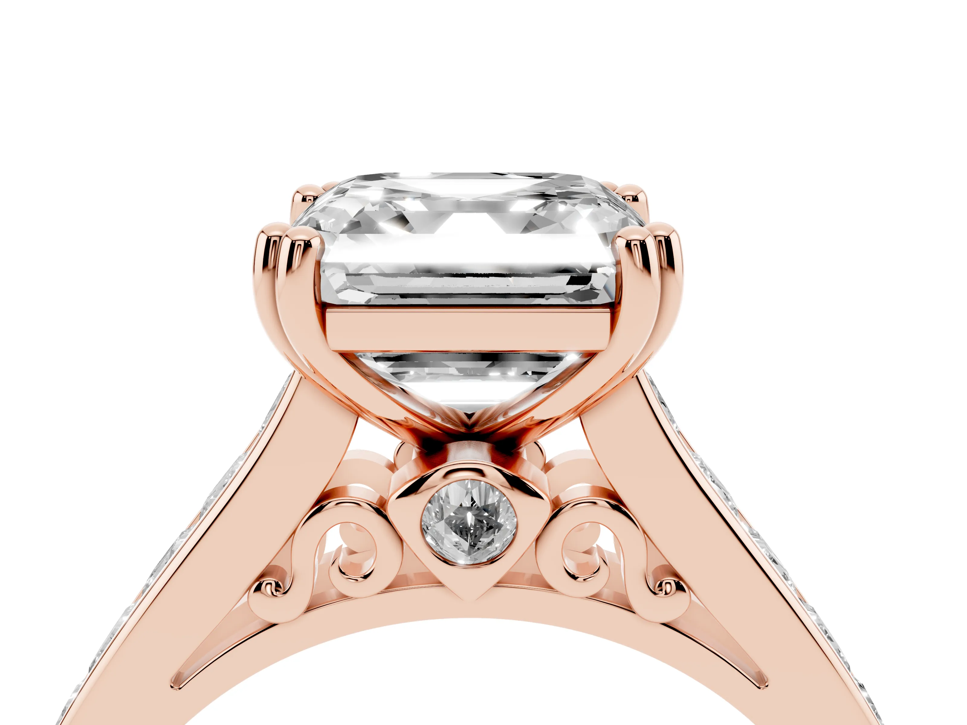 Asscher Cut Diamond Channel Set Solitaire Engagement Ring Set in Rose gold with Prong Setting