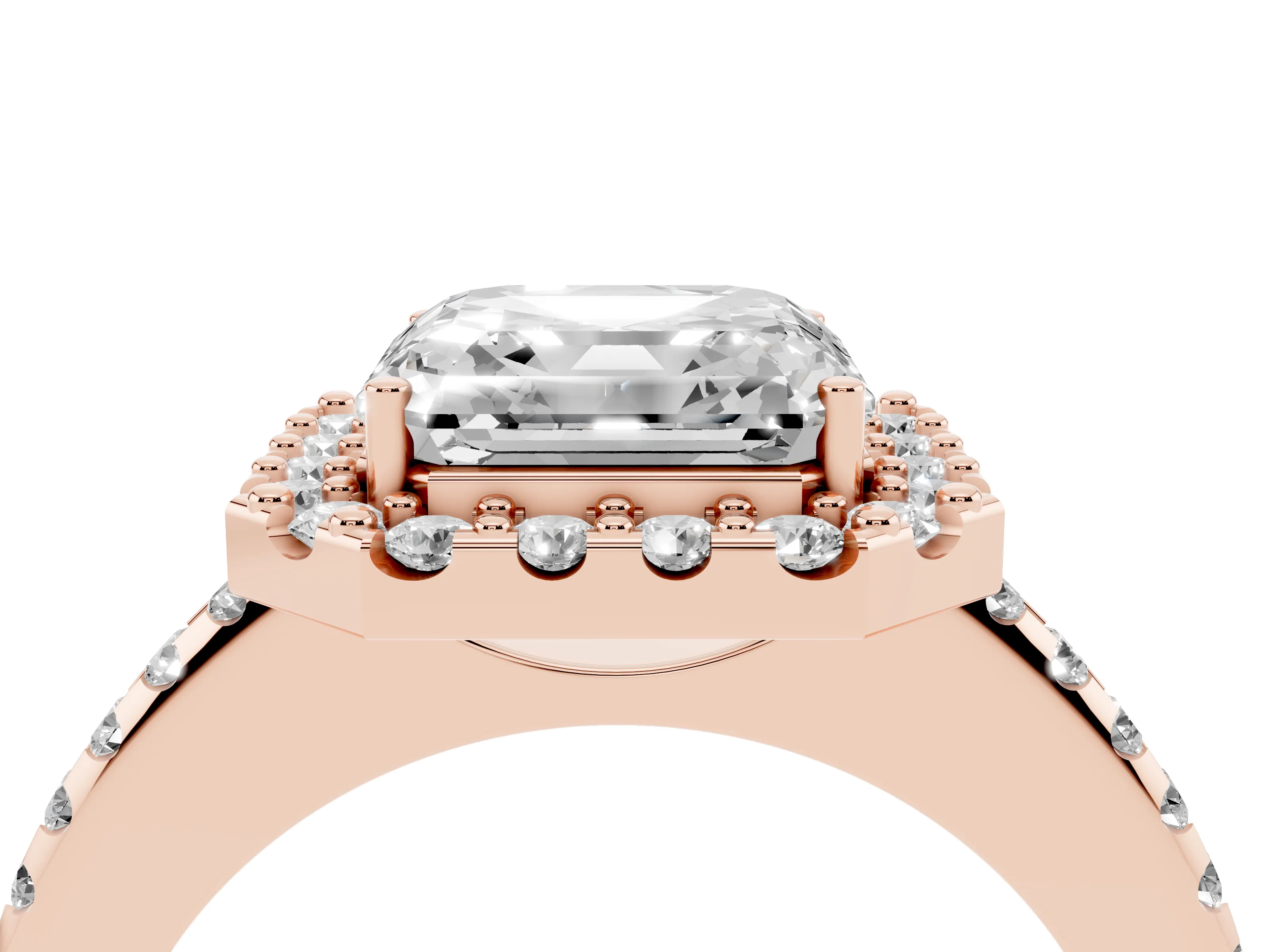 Asscher Cut Diamond Pavé Halo Ring Set in Rose gold with Prong Setting