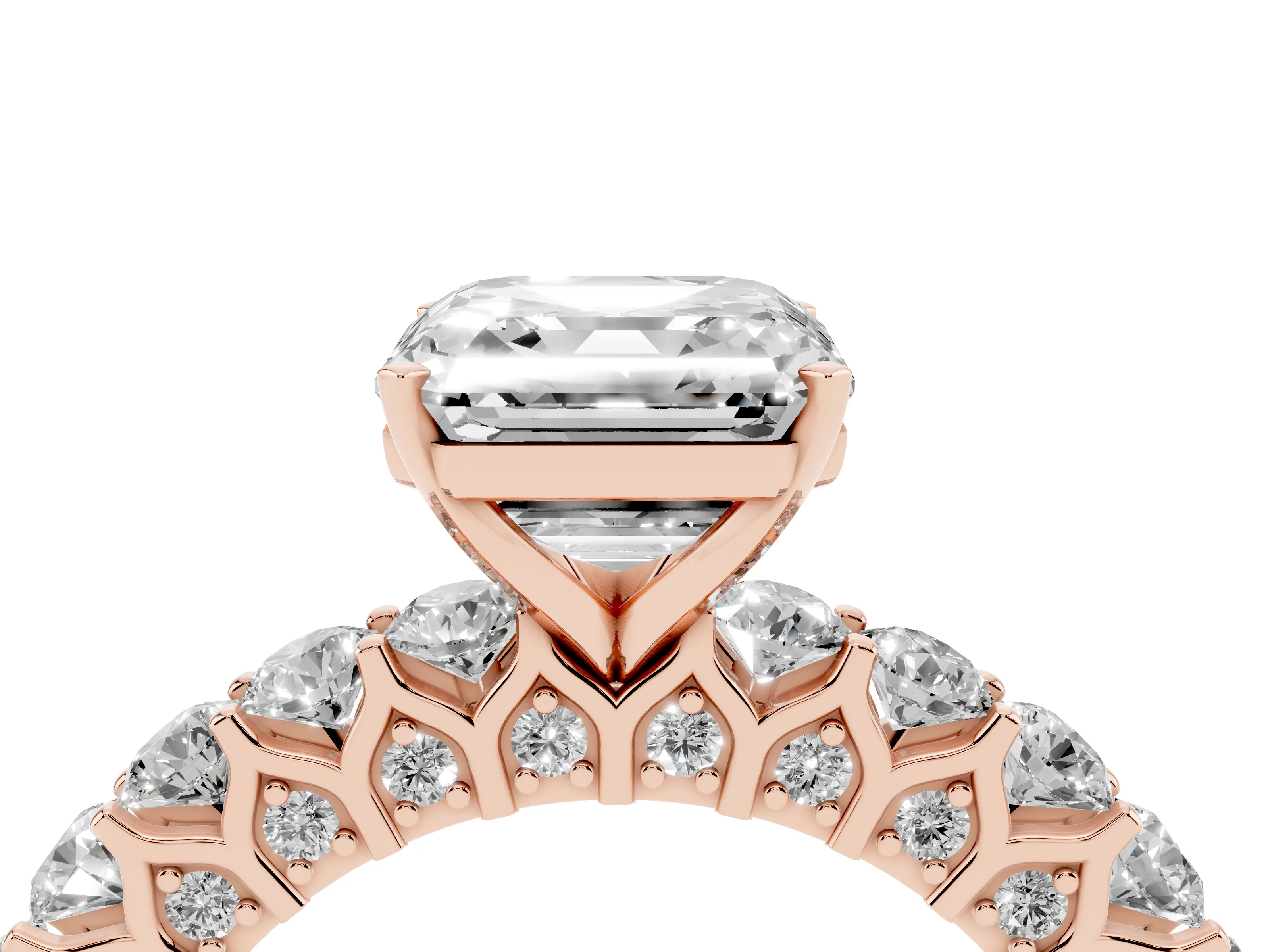 Asscher Cut Diamond Solitaire Ring Set in Rose gold with Shared Prong Pavé Band