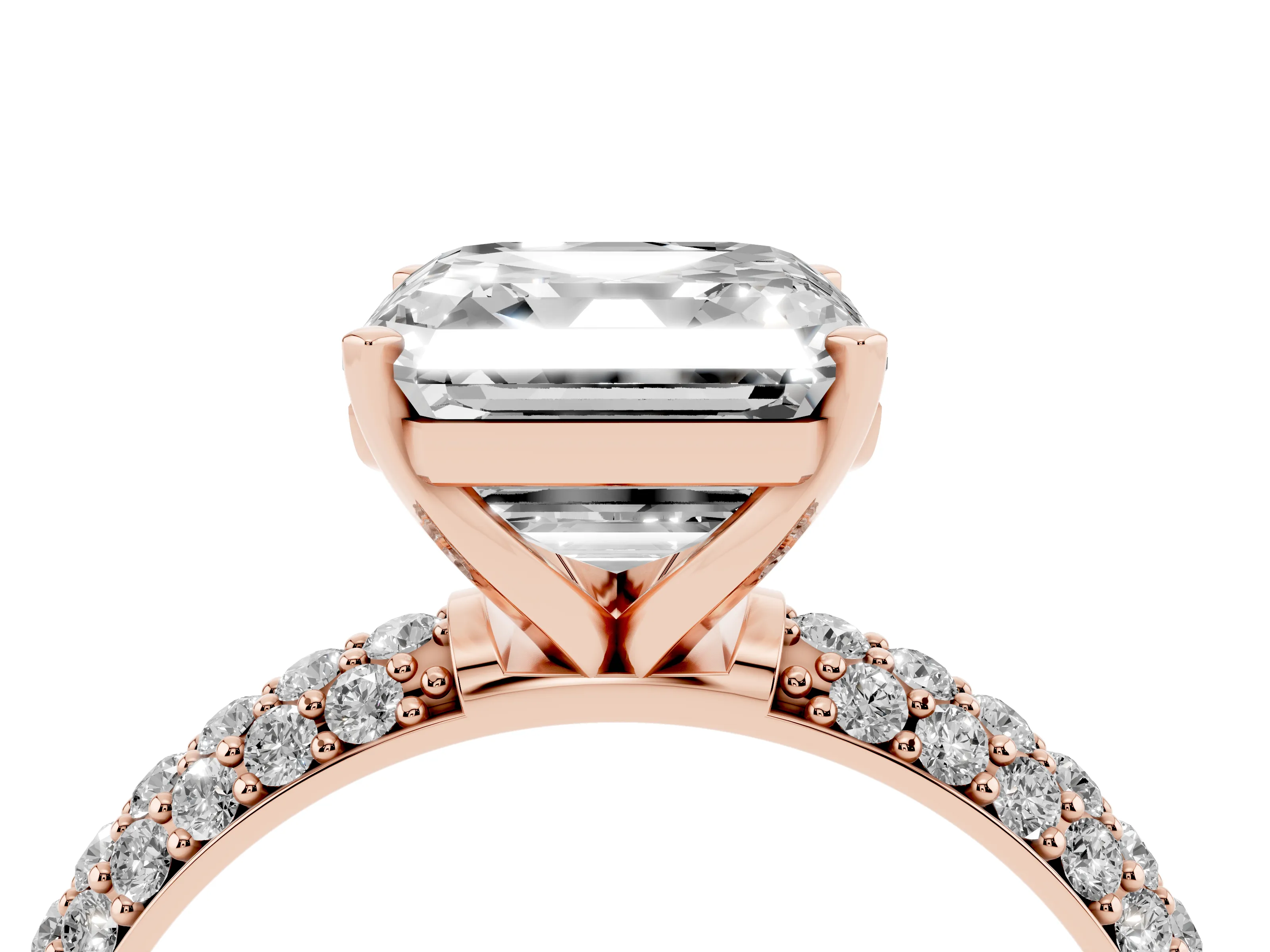 Asscher Cut Diamond Solitaire Ring Set in Rose gold with Prong Setting and Pavé-Set Band