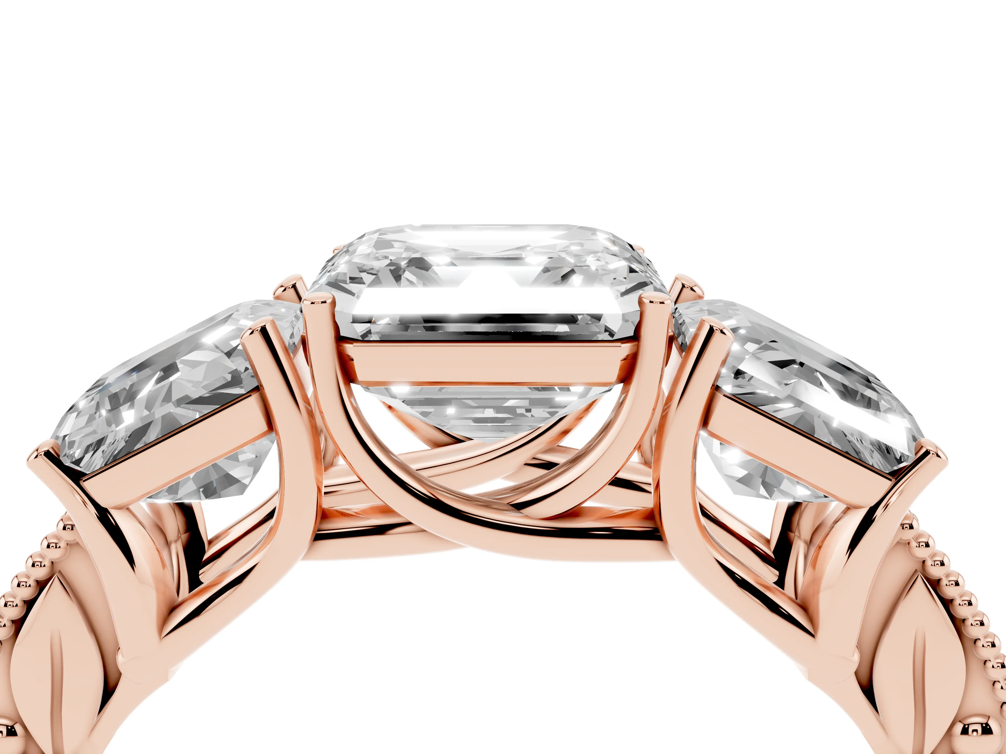 Asscher Cut Diamond Three-Stone Engagement Ring Set in Rose gold with Milgrain Pavé Band
