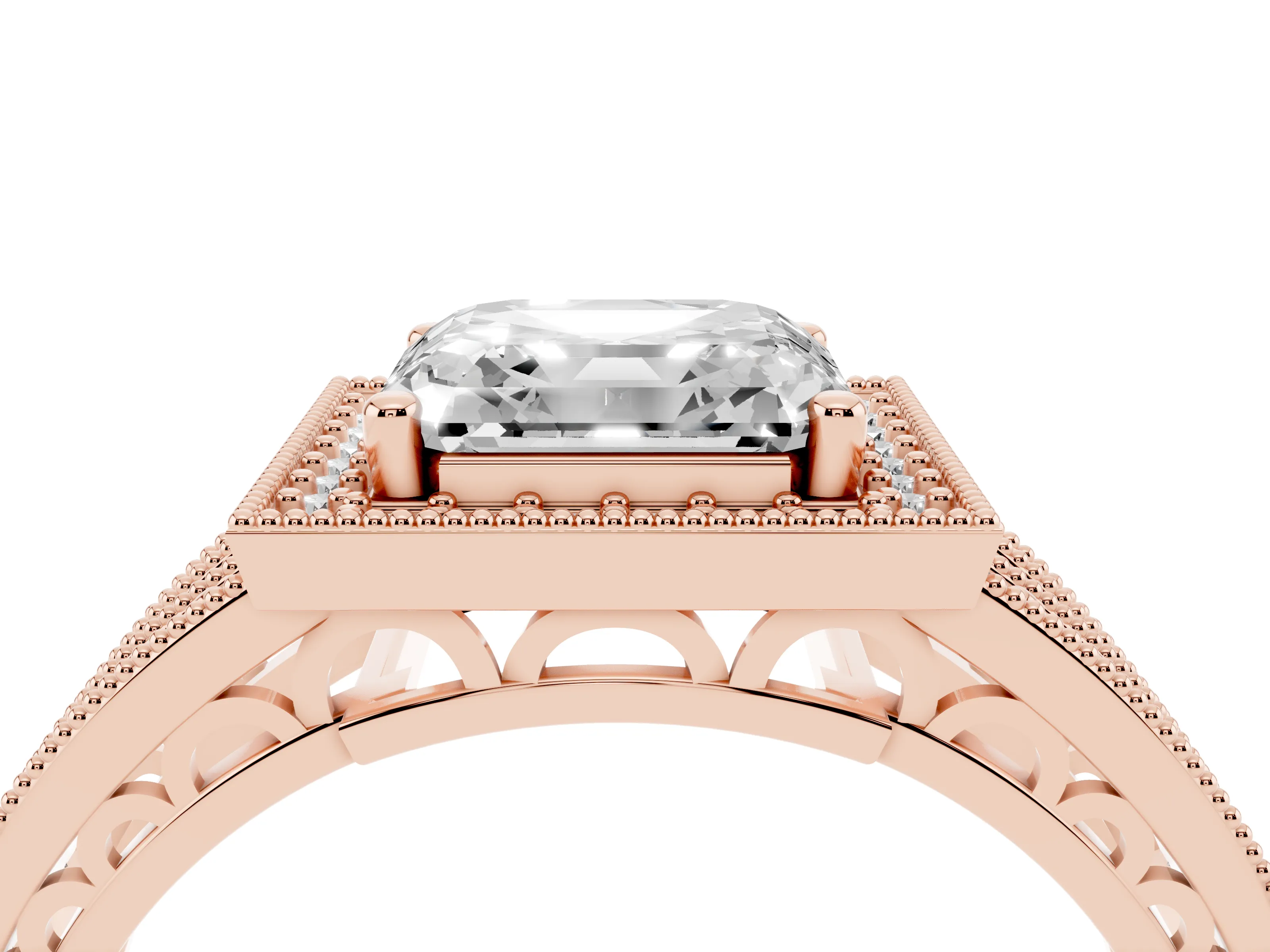 Asscher Cut Diamond Halo Ring Set in Rose gold with Accent Split Shank and Prong Setting