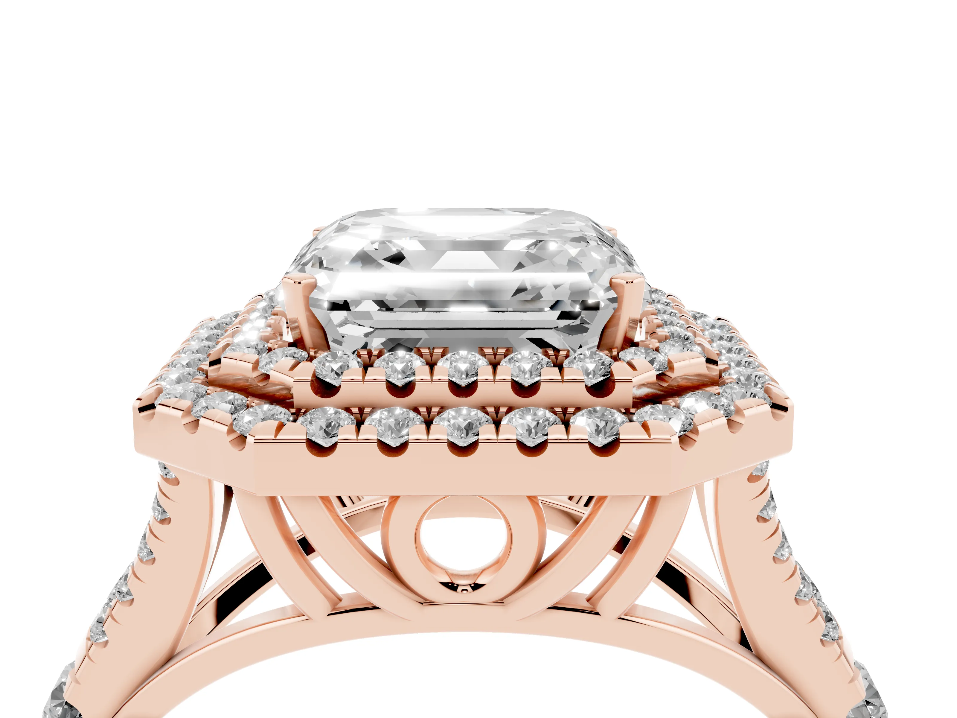 Asscher Cut Diamond Pavé Split Shank Double Halo Engagement Ring Set in Rose gold