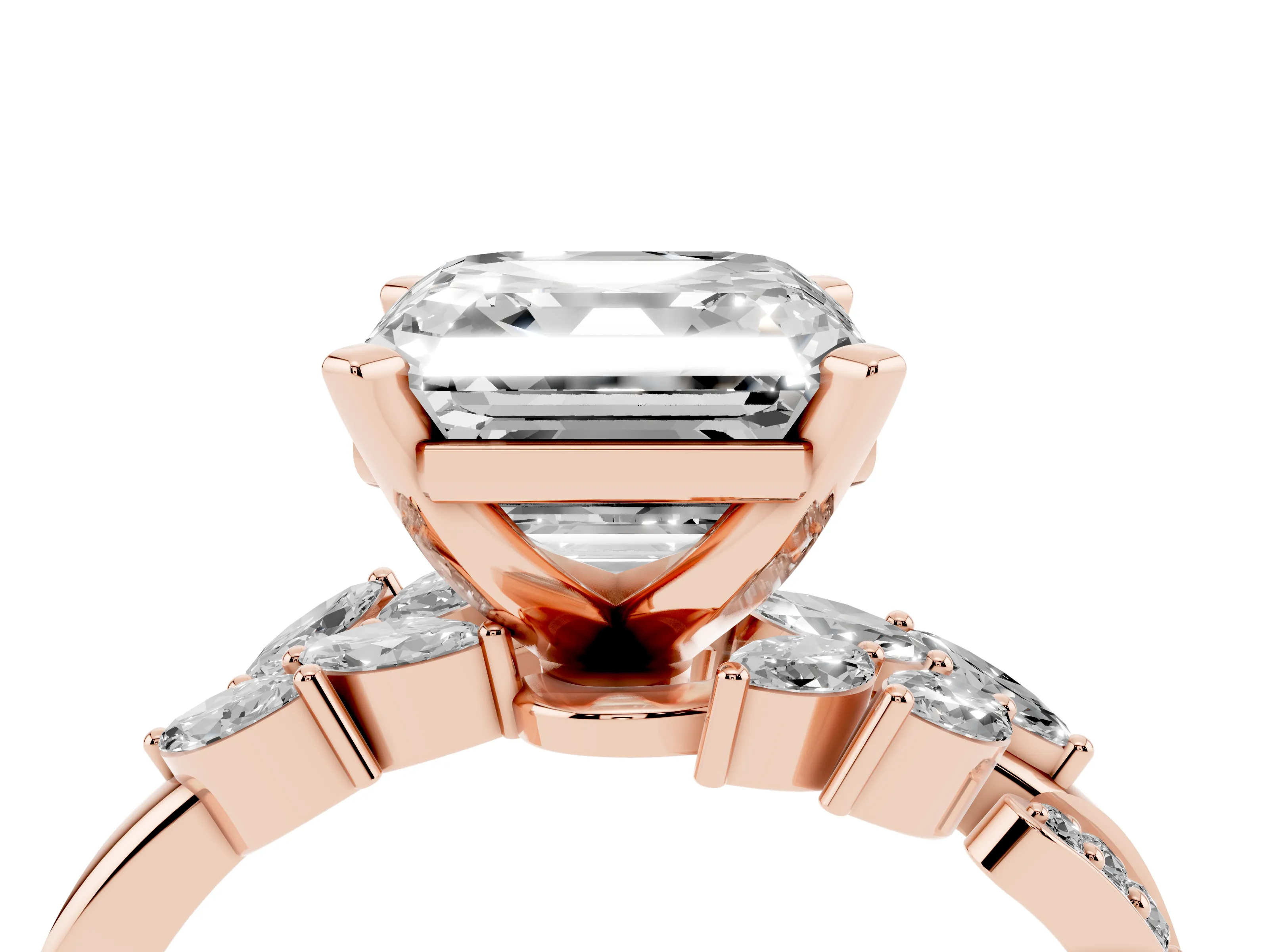 Asscher Cut Diamond Solitaire Ring Set in Rose gold with Marquise Twist Band and Prong Setting