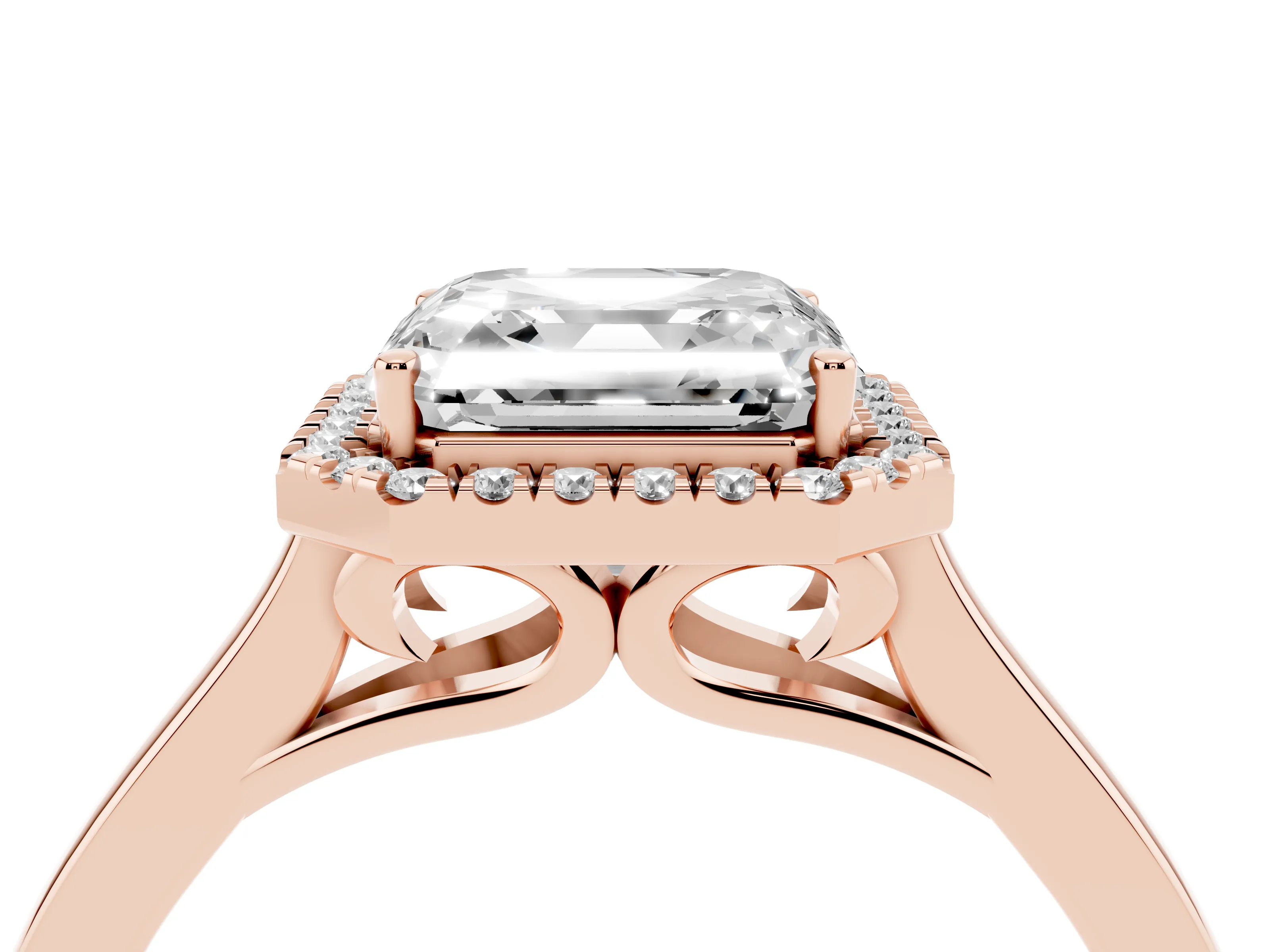 Asscher Cut Halo Round Diamond Solitaire Ring Set in Rose gold with Pavé Band and Prong Setting
