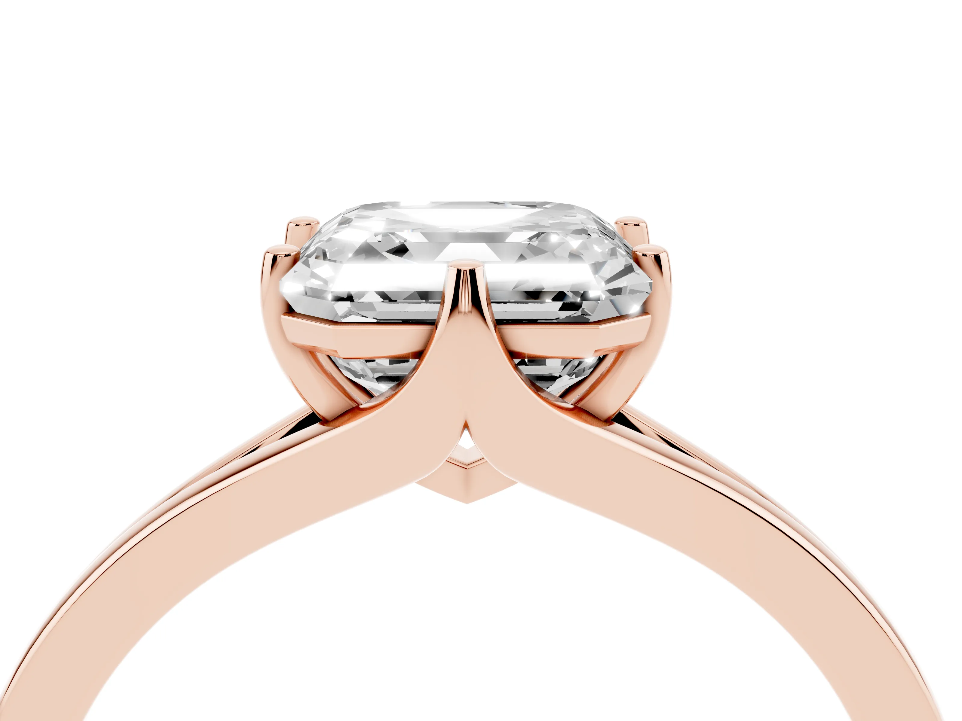 Asscher Cut Diamond Solitaire Ring Set in Rose gold with Polished Tapered Band and Prong Setting