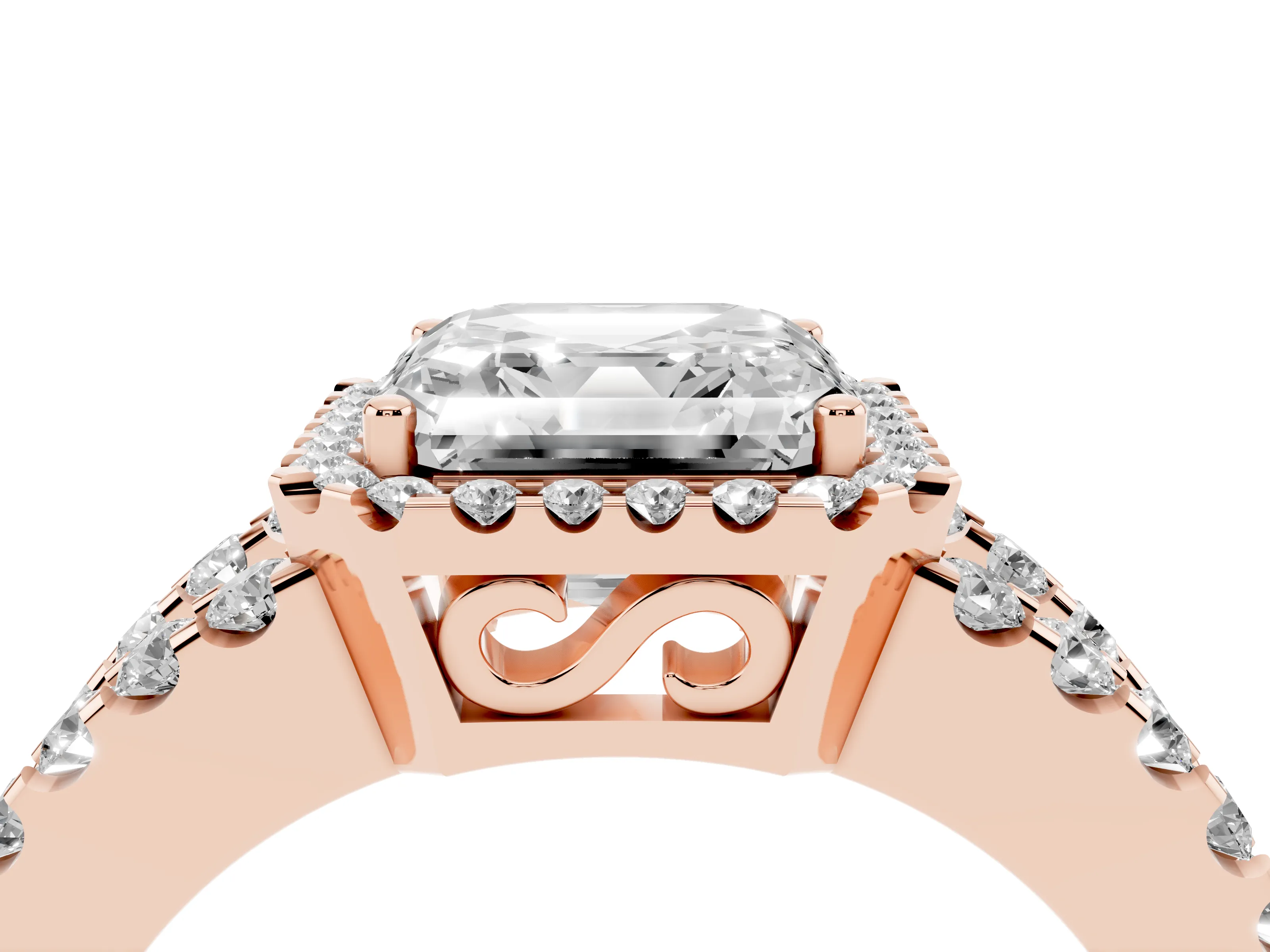 Asscher Cut Diamond Halo Ring Set in Rose gold with Pavé Split Shank and Prong Setting
