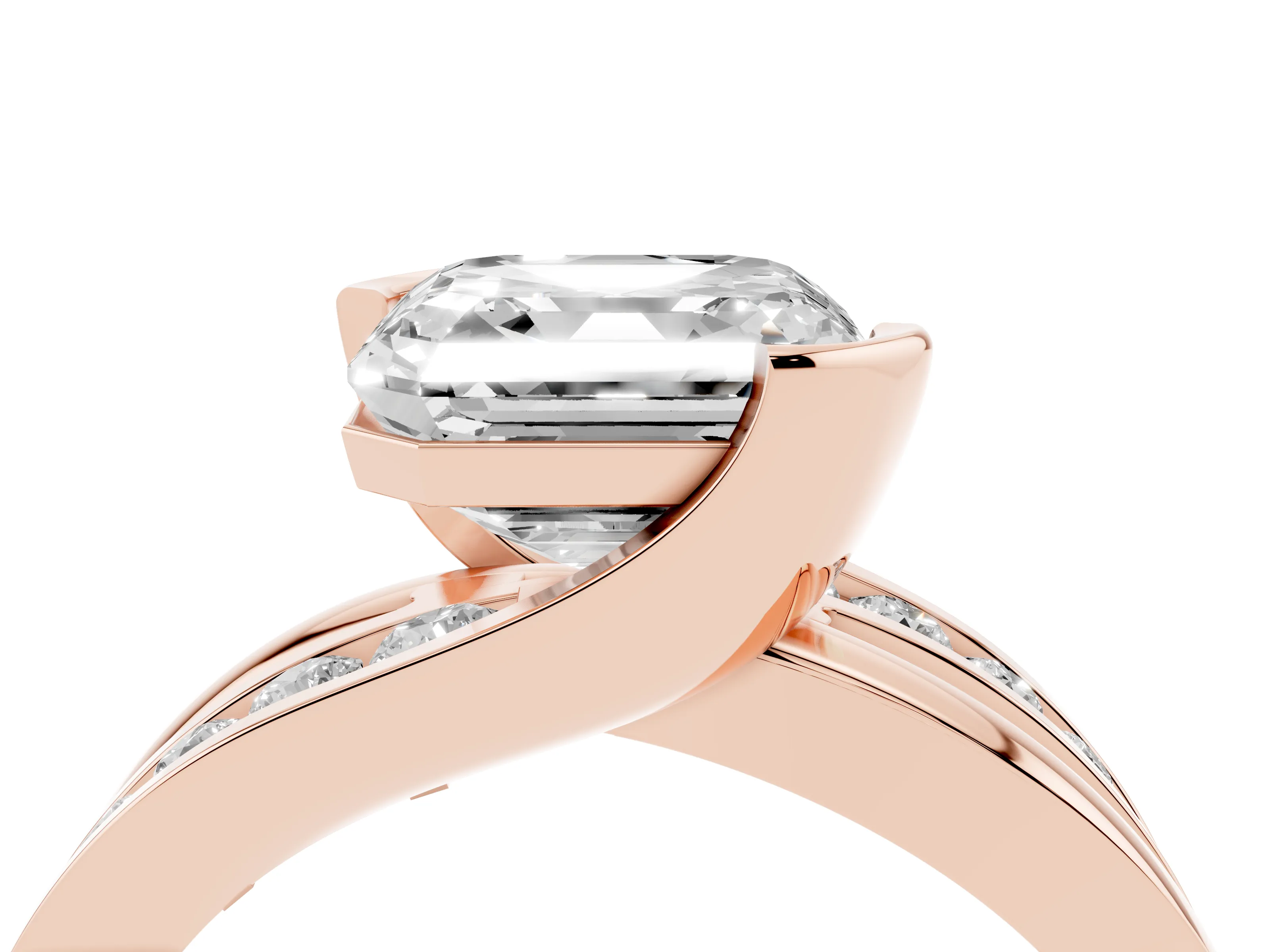 Asscher Cut Diamond Solitaire Ring Set in Rose gold with Channel Set Split Shank and Tension Prongs