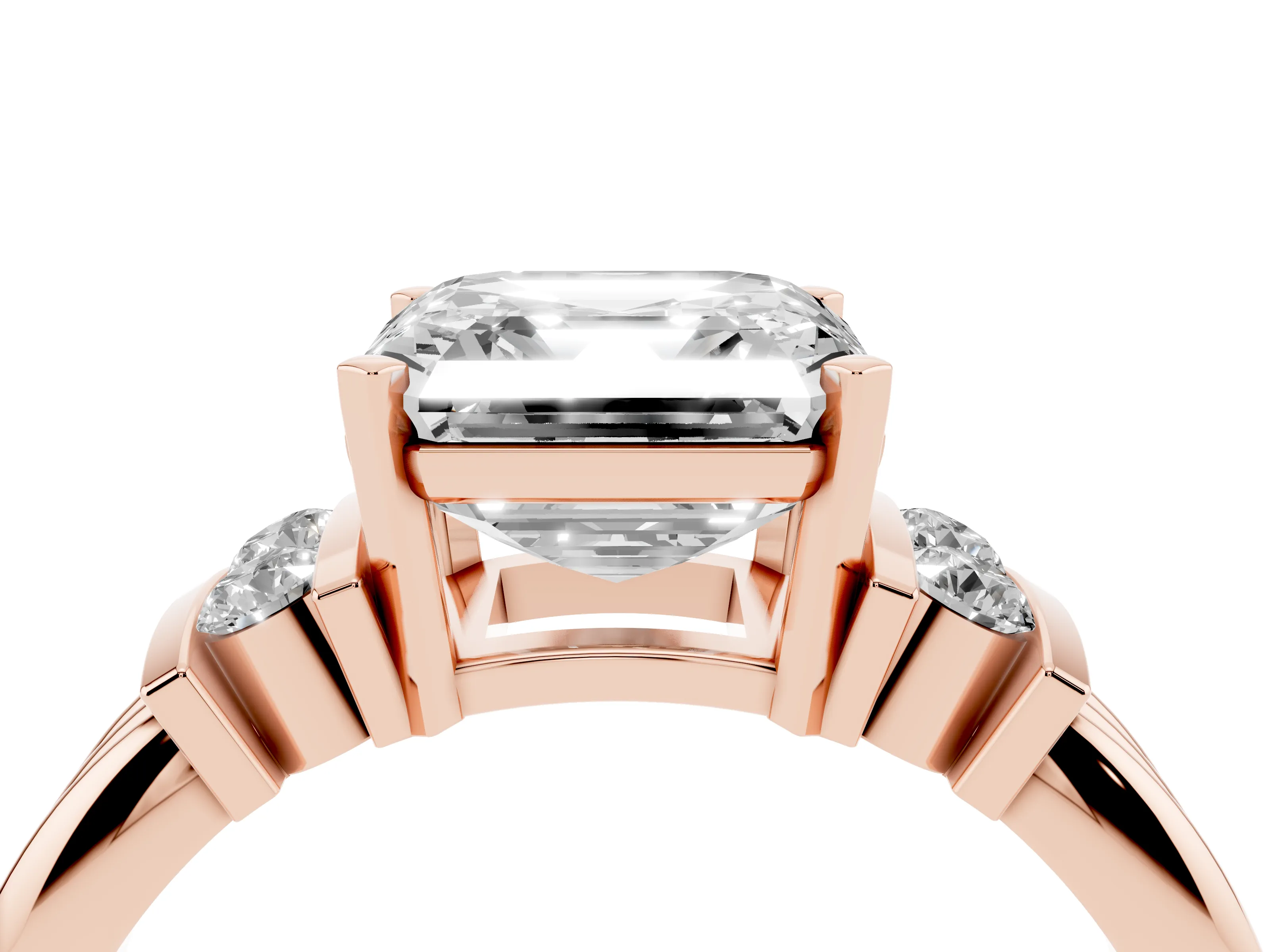 Three-Stone Asscher Cut Diamond Channel Set Ring Set in Rose gold with Bar Prongs