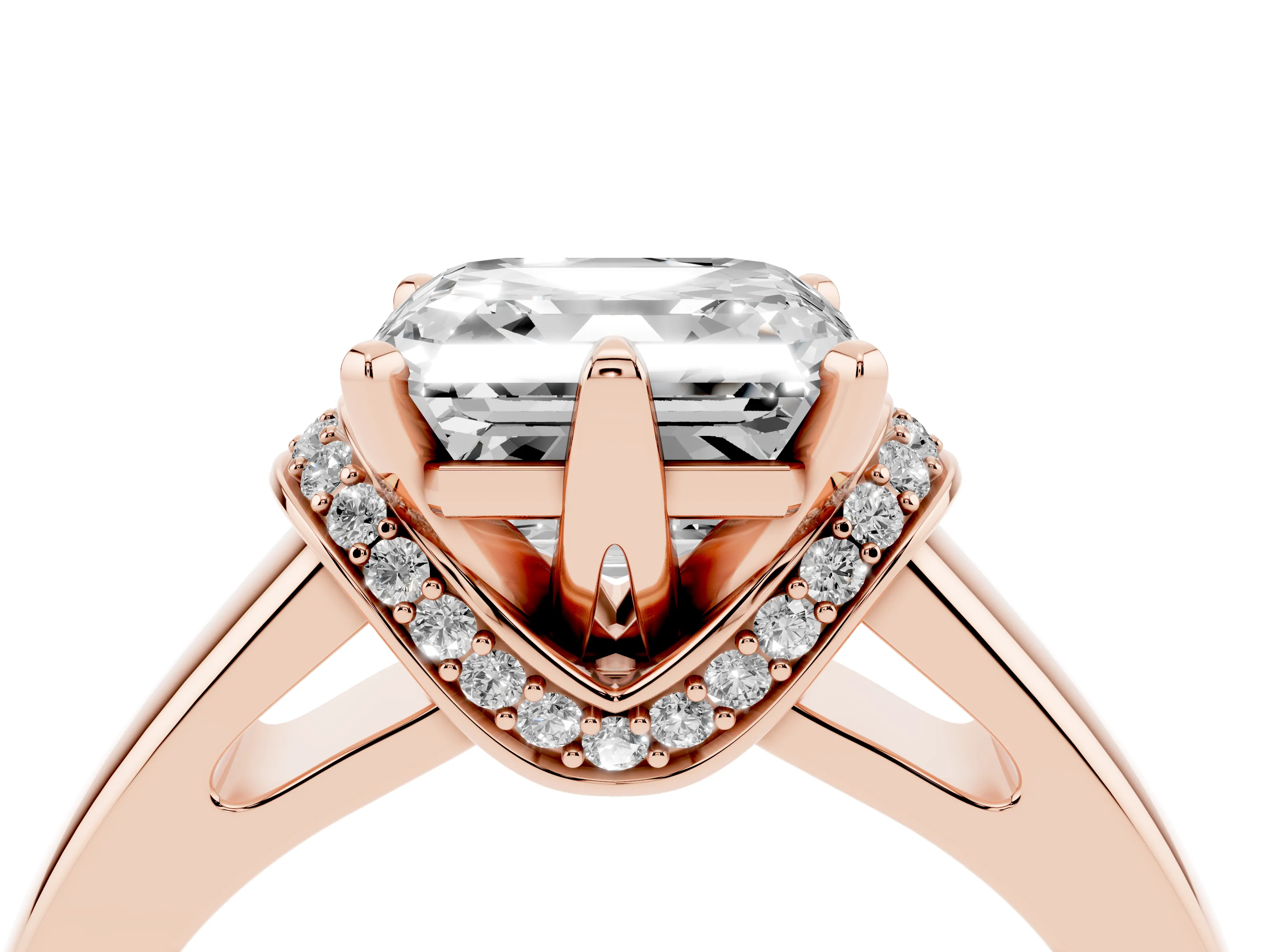 Asscher Cut Diamond Pavé Band Solitaire Ring Set in Rose gold with Prong Setting