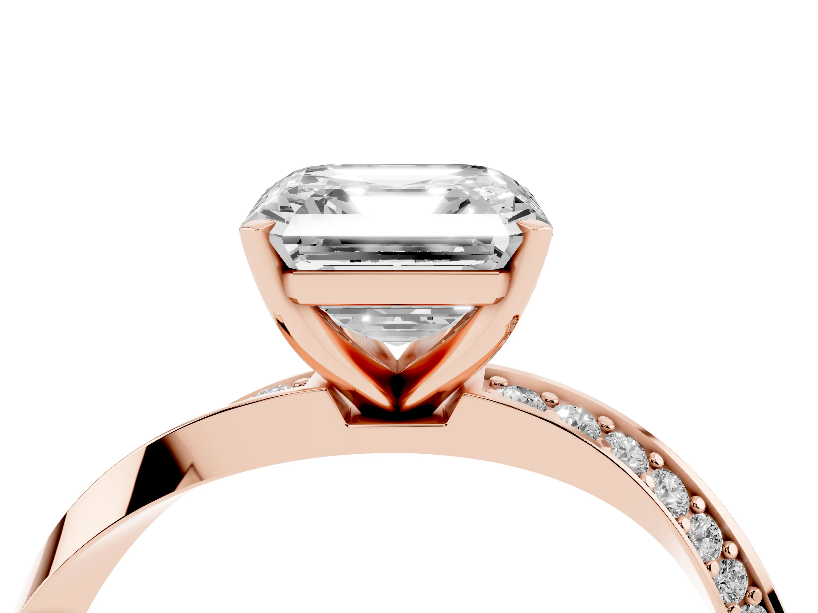 Asscher Cut Diamond Engagement Ring Set in Rose gold with Side Stone Accents and Prong Setting