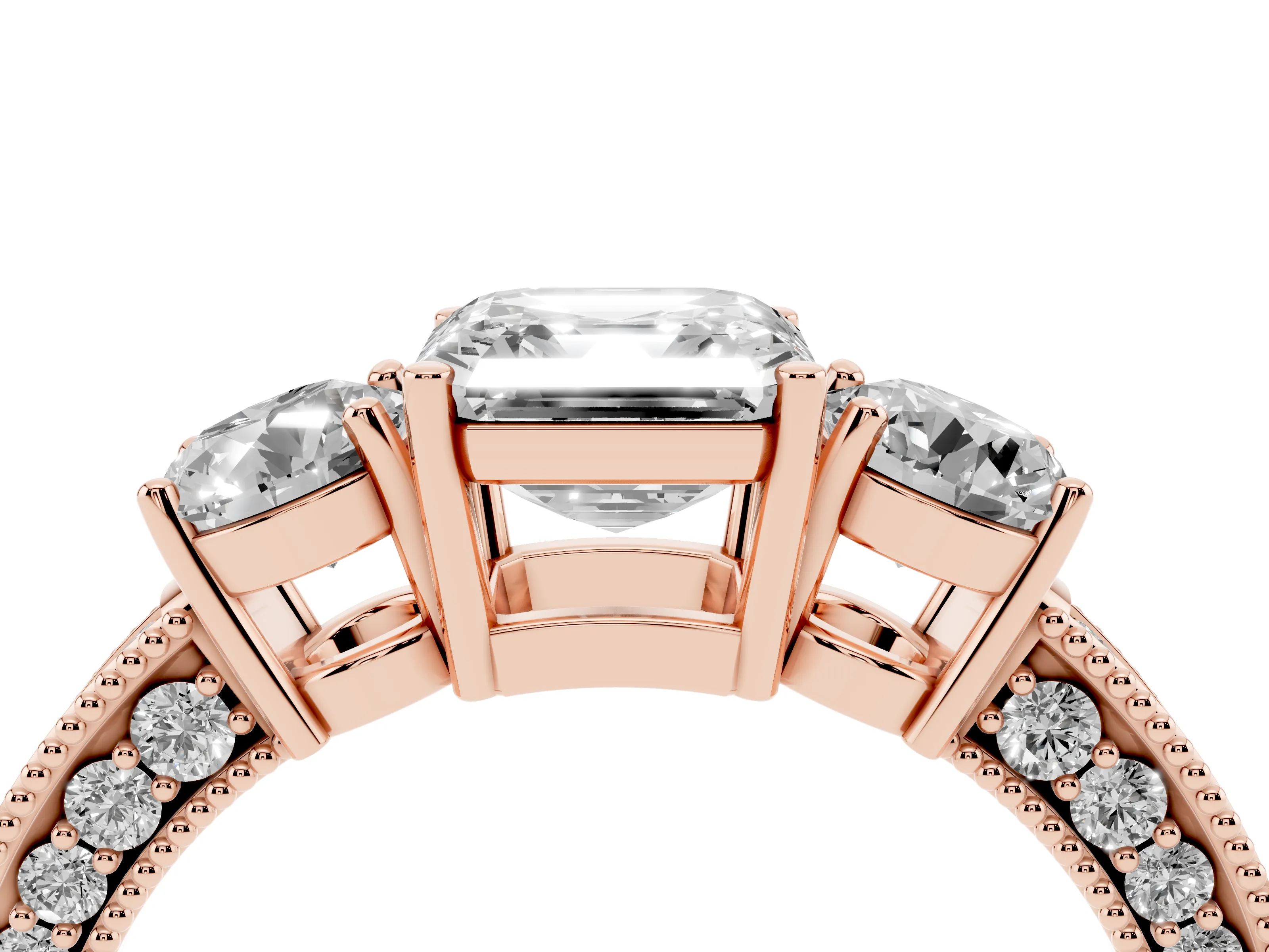 Asscher Cut Diamond Three-Stone Ring Set in Rose gold with Round Side Stones and Pavé Band