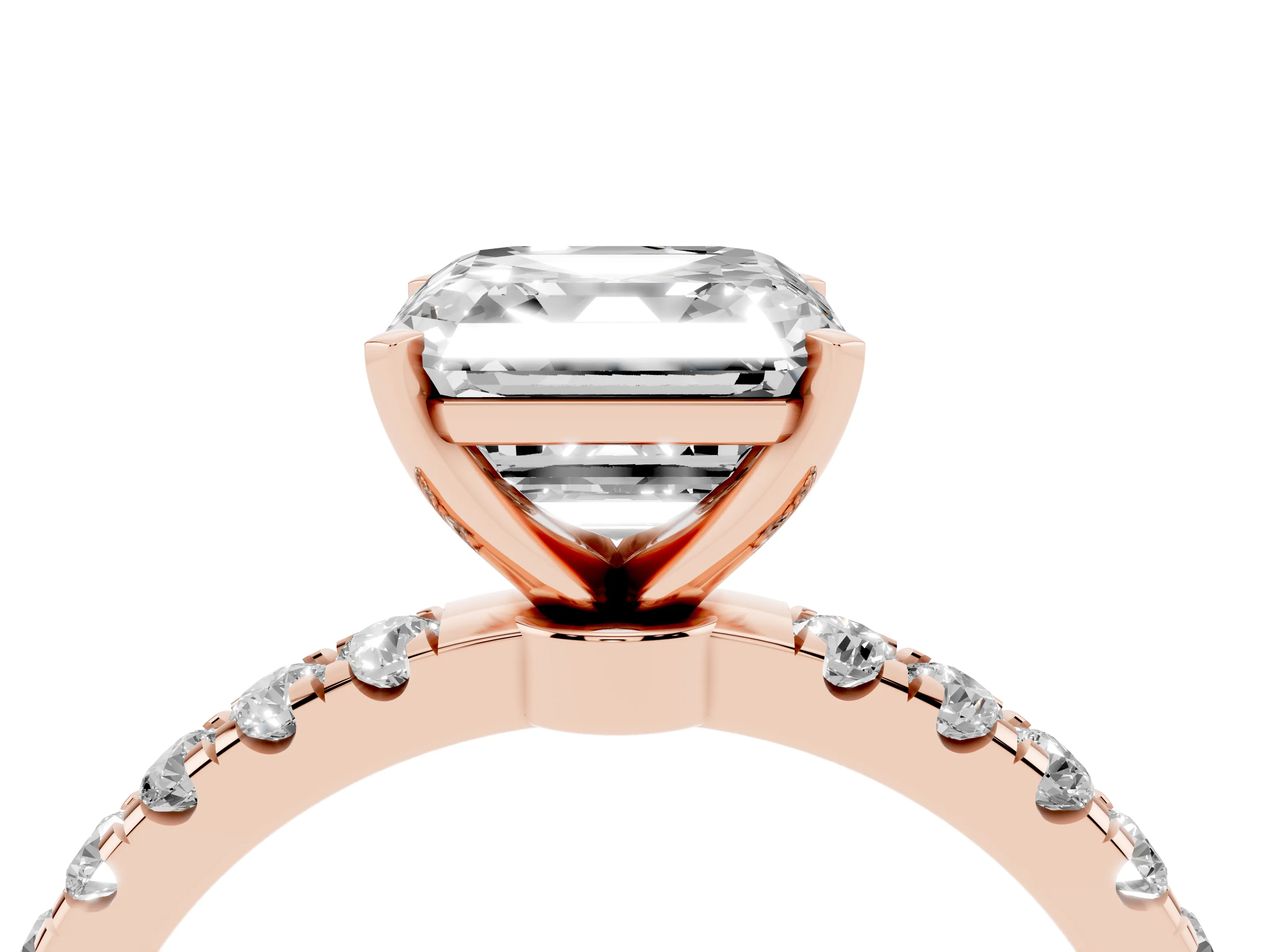 Asscher Cut Diamond Solitaire Ring Set in Rose gold with Pavé Accents and Prong Setting