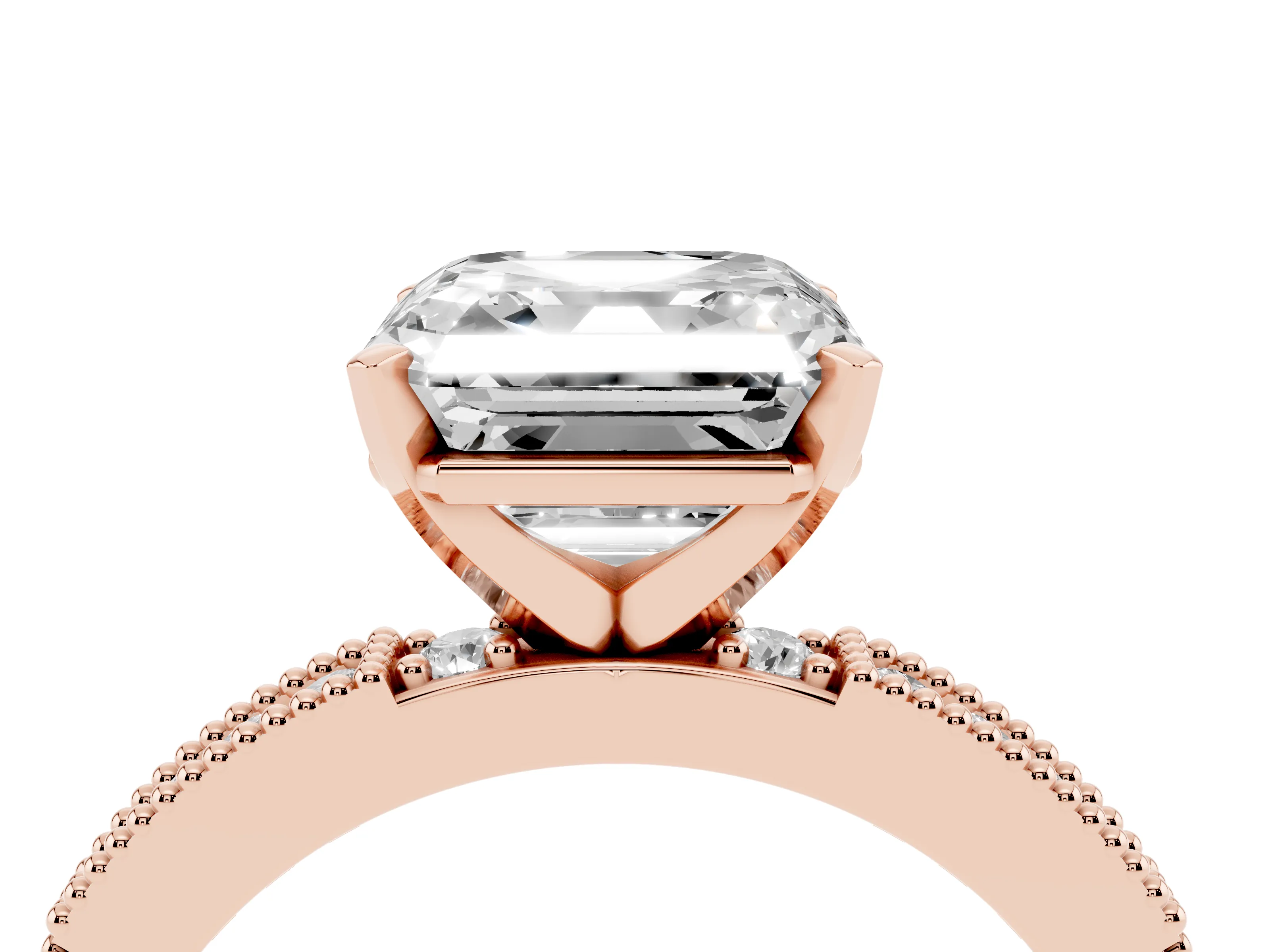 Asscher Cut Diamond Solitaire Ring Set in Rose gold with Slim Pavé Band and Prong Setting