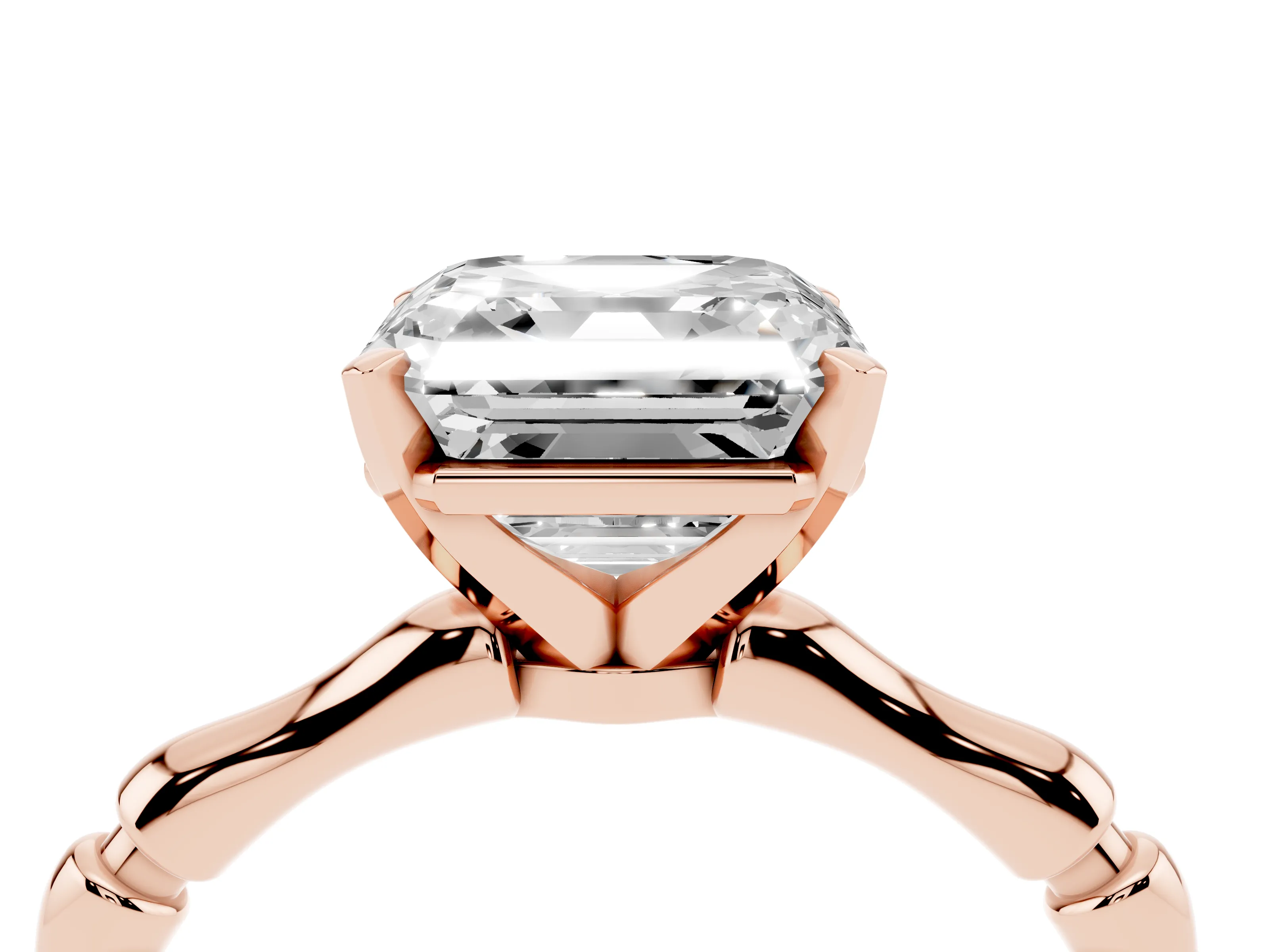 Asscher Cut Diamond Solitaire Ring Set in Rose gold with Bamboo Band and Prong Setting