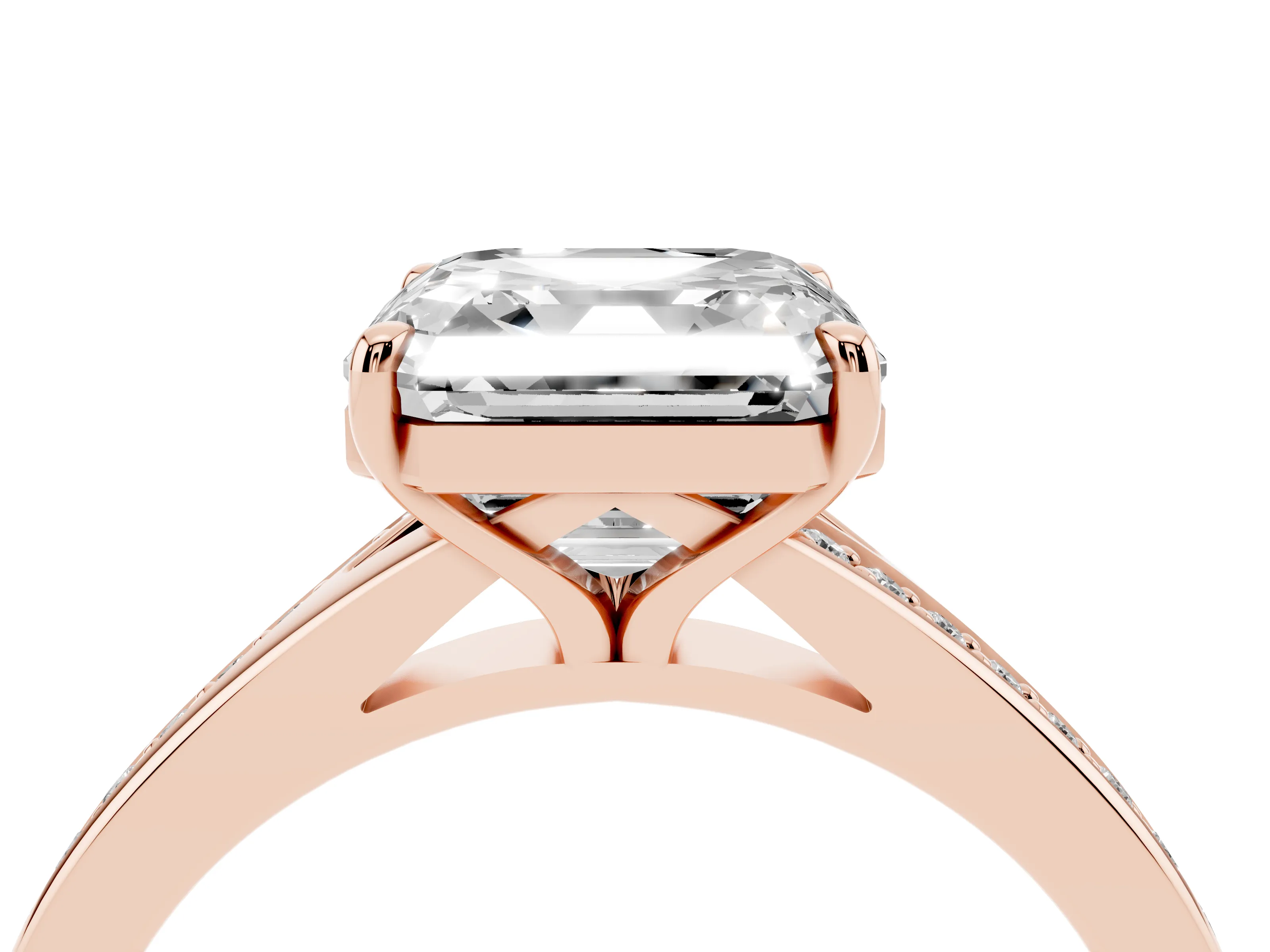 Asscher Cut Diamond Solitaire Ring Set in Rose gold with Pavé Accent Band and Classic Prong Setting
