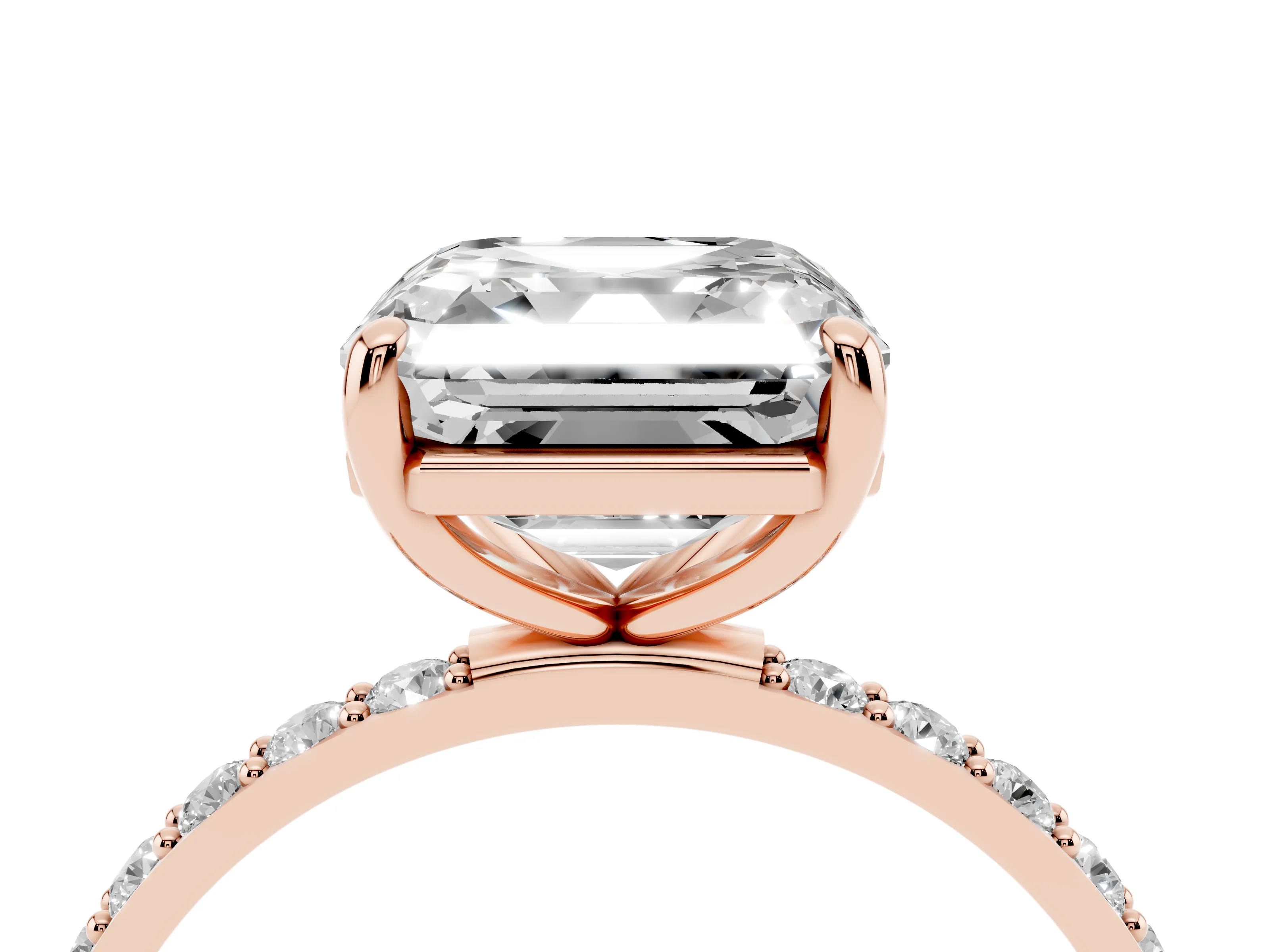 Asscher Cut Diamond Solitaire Ring Set in Rose gold with Round Pavé Band and Prong Setting