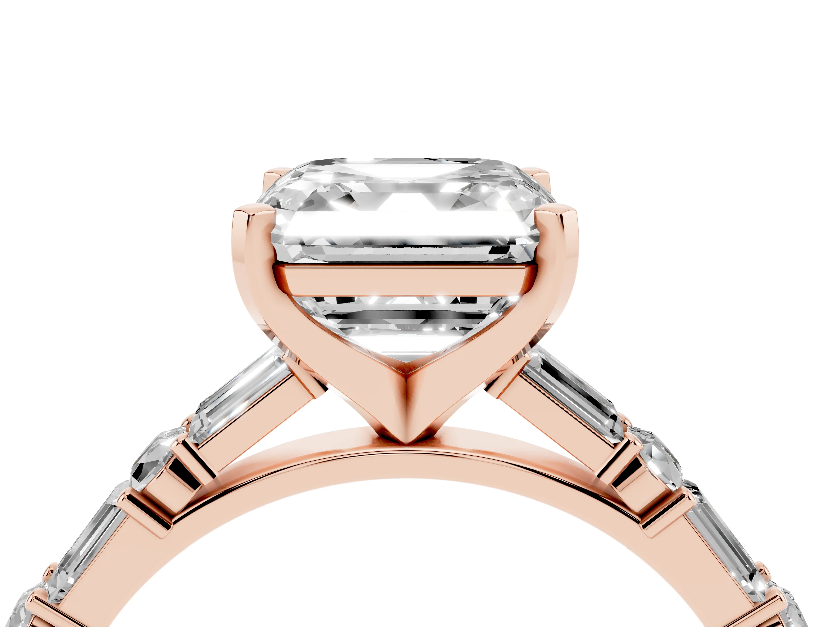 Asscher Cut Diamond Solitaire Set in Rose gold with Side Baguettes and Channel Set Band