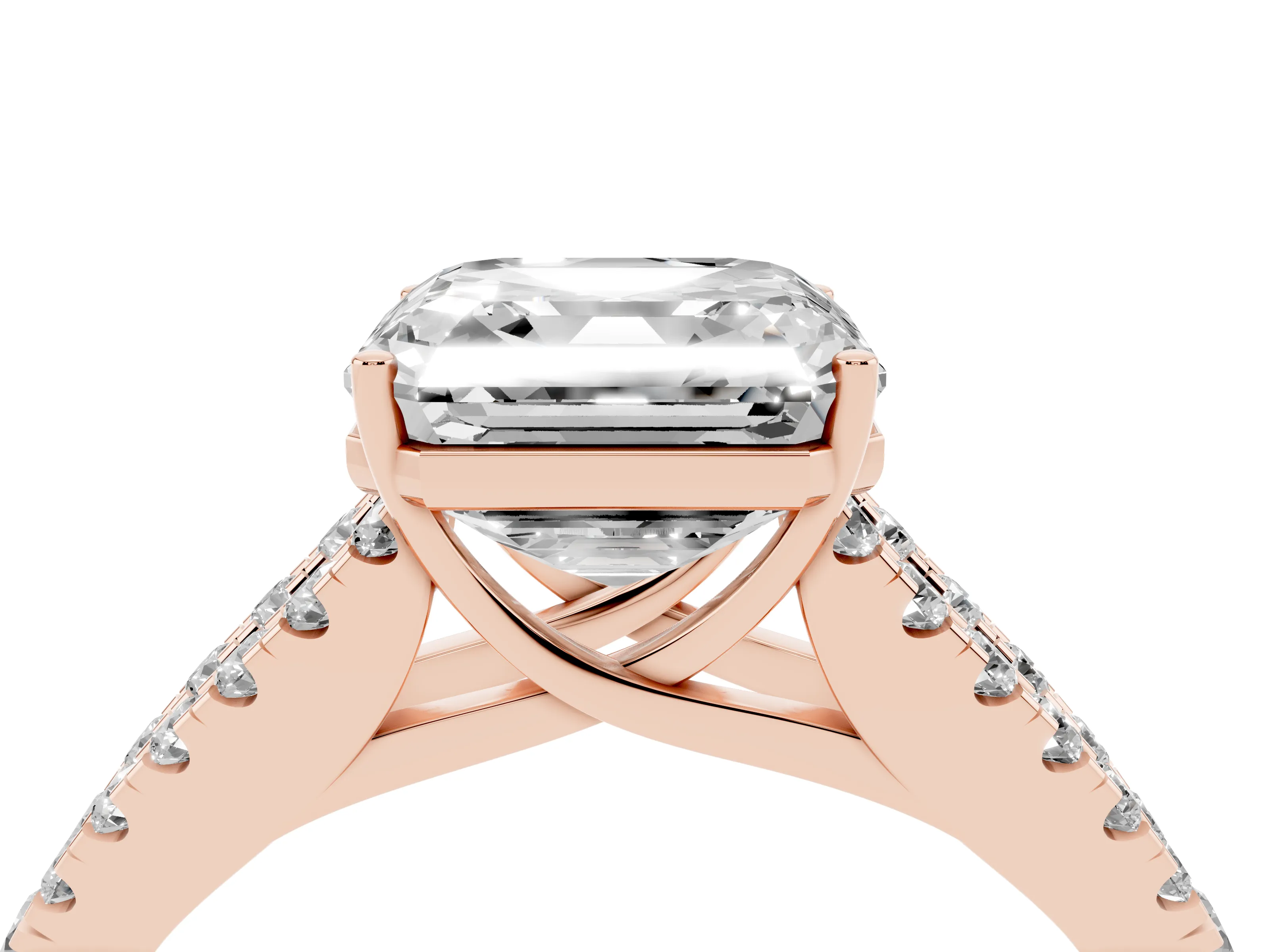 Asscher Cut Diamond Split Shank Engagement Ring Set in Rose gold with Round Pavé and Prong Setting