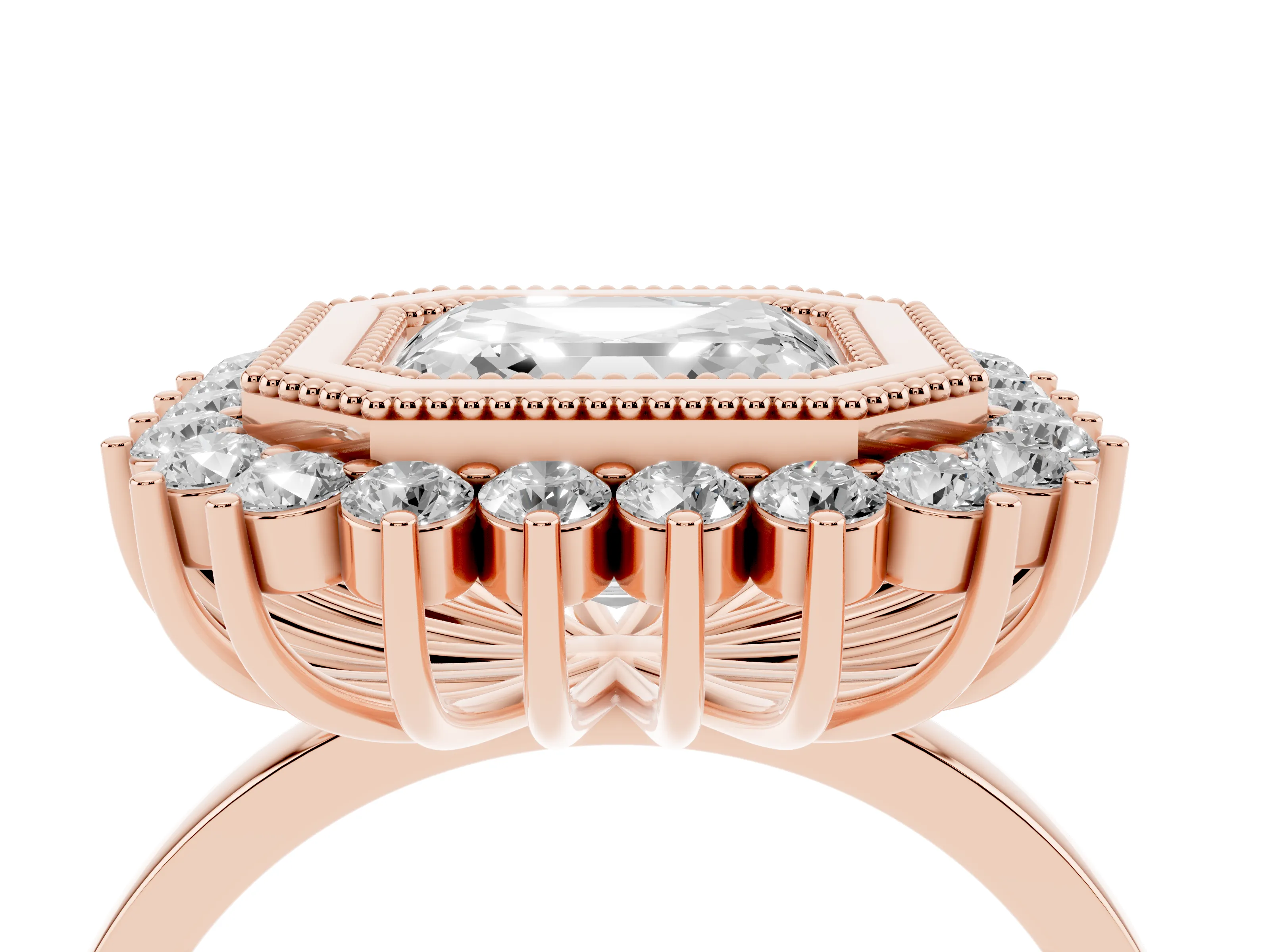 Asscher Cut Diamond Halo Ring Set in Rose gold with Milgrain Edge and Round Prong Setting