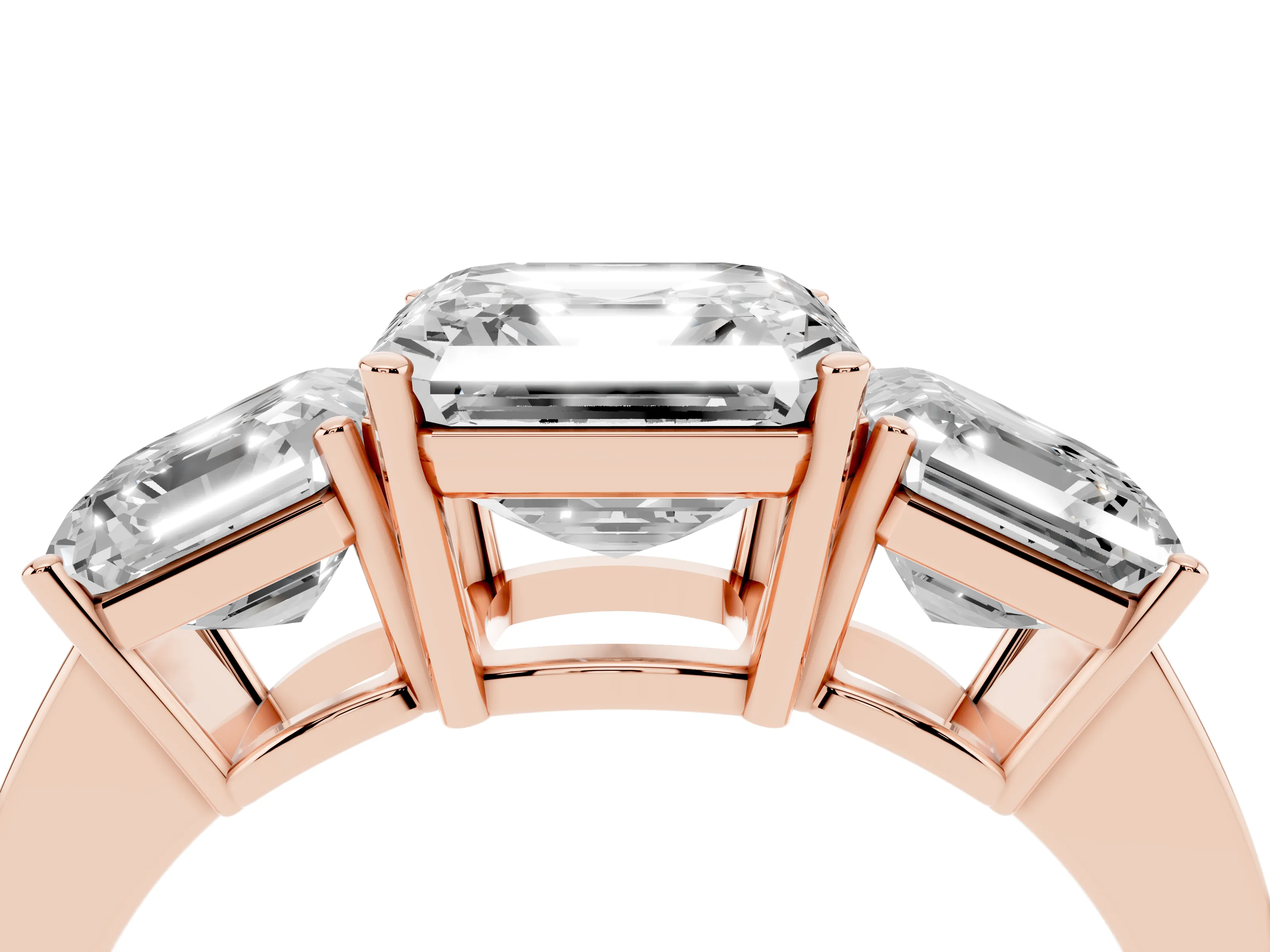Asscher Cut Diamond Three-Stone Engagement Ring Set in Rose gold with Flat Band