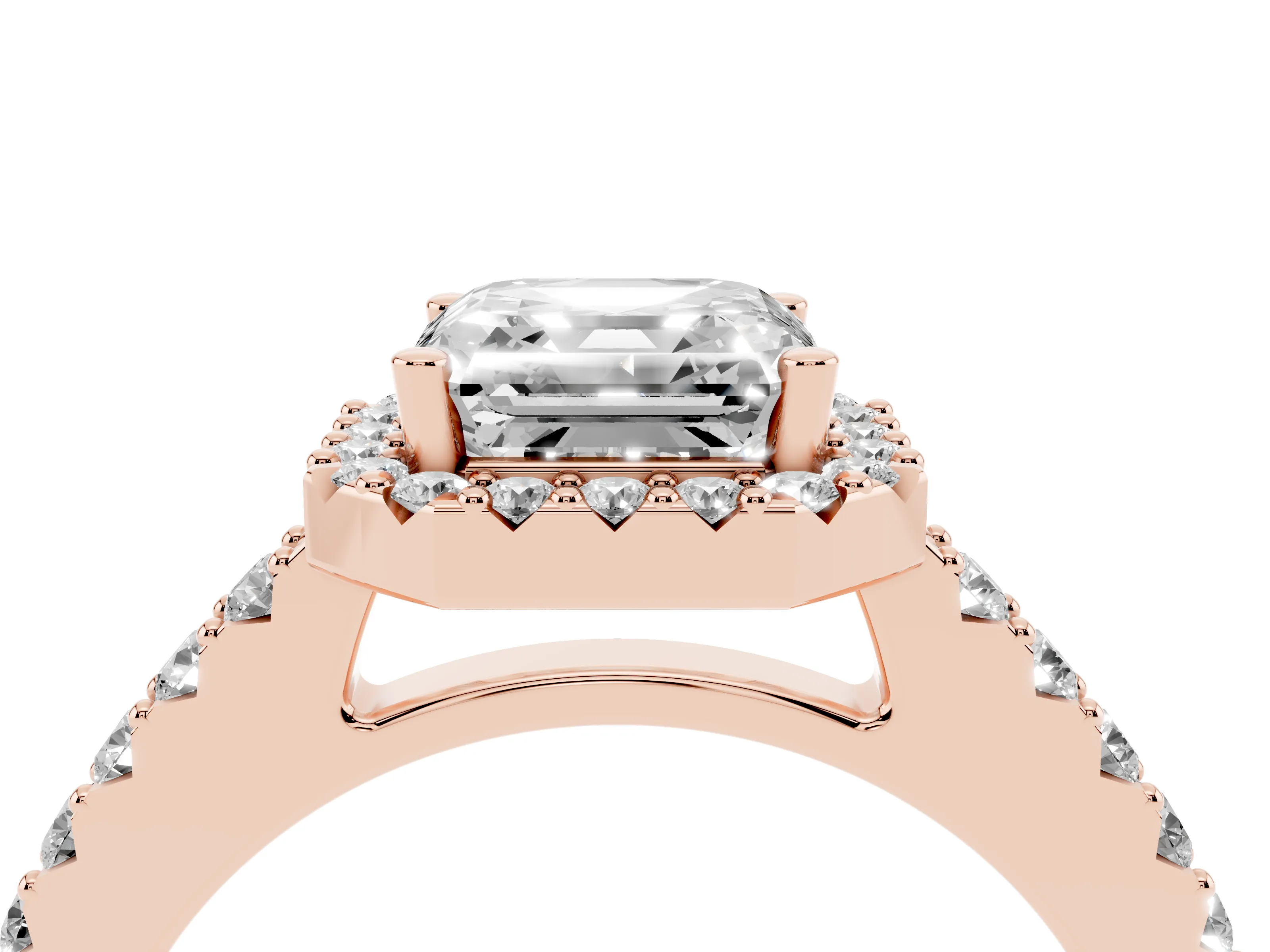 Asscher Cut Diamond Halo Pavé Solitaire Ring Set in Rose gold with Prong-Set Center Stone