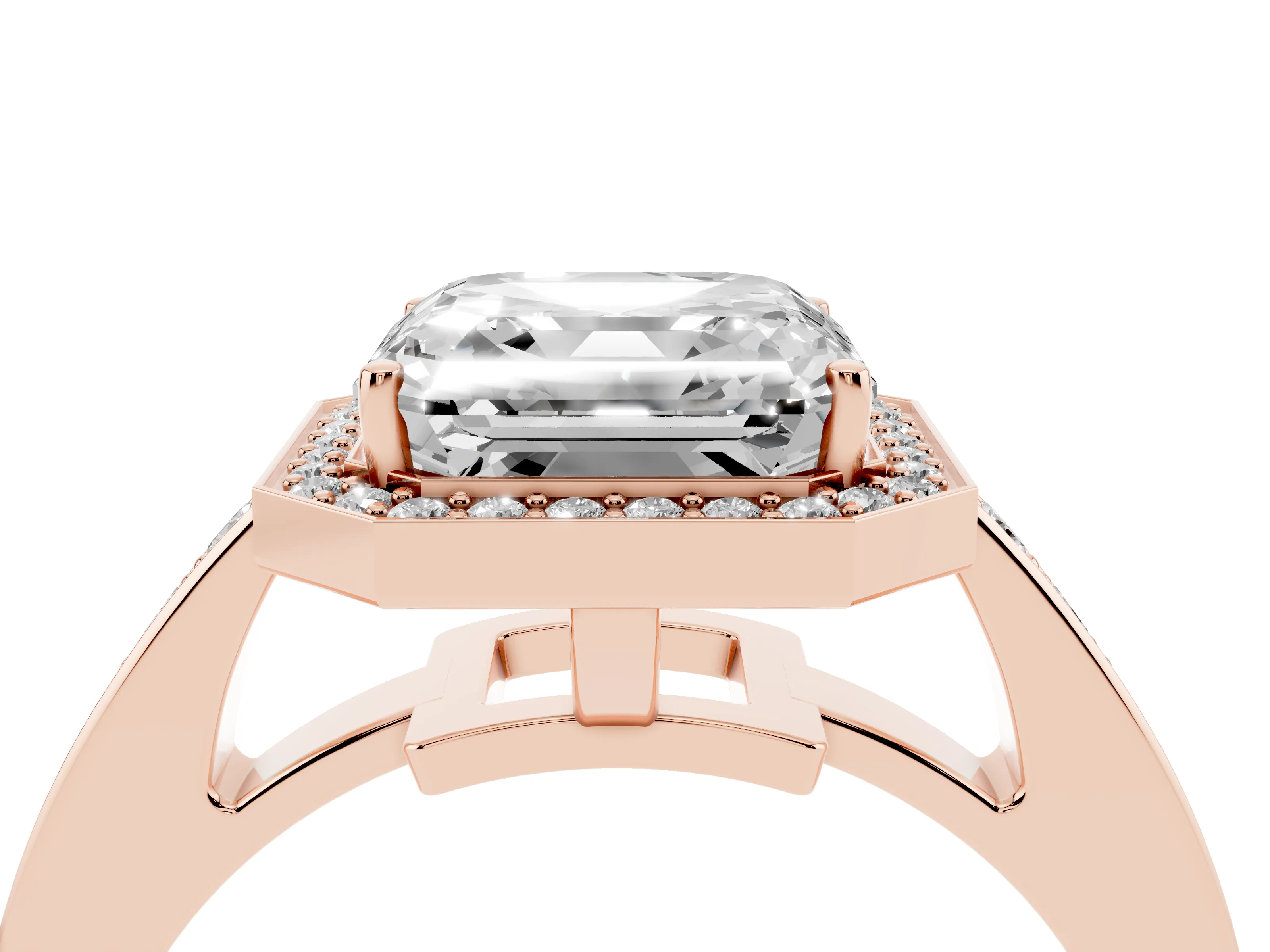 Asscher Cut Diamond Halo Pavé Engagement Ring Set in Rose gold with Bezel Setting