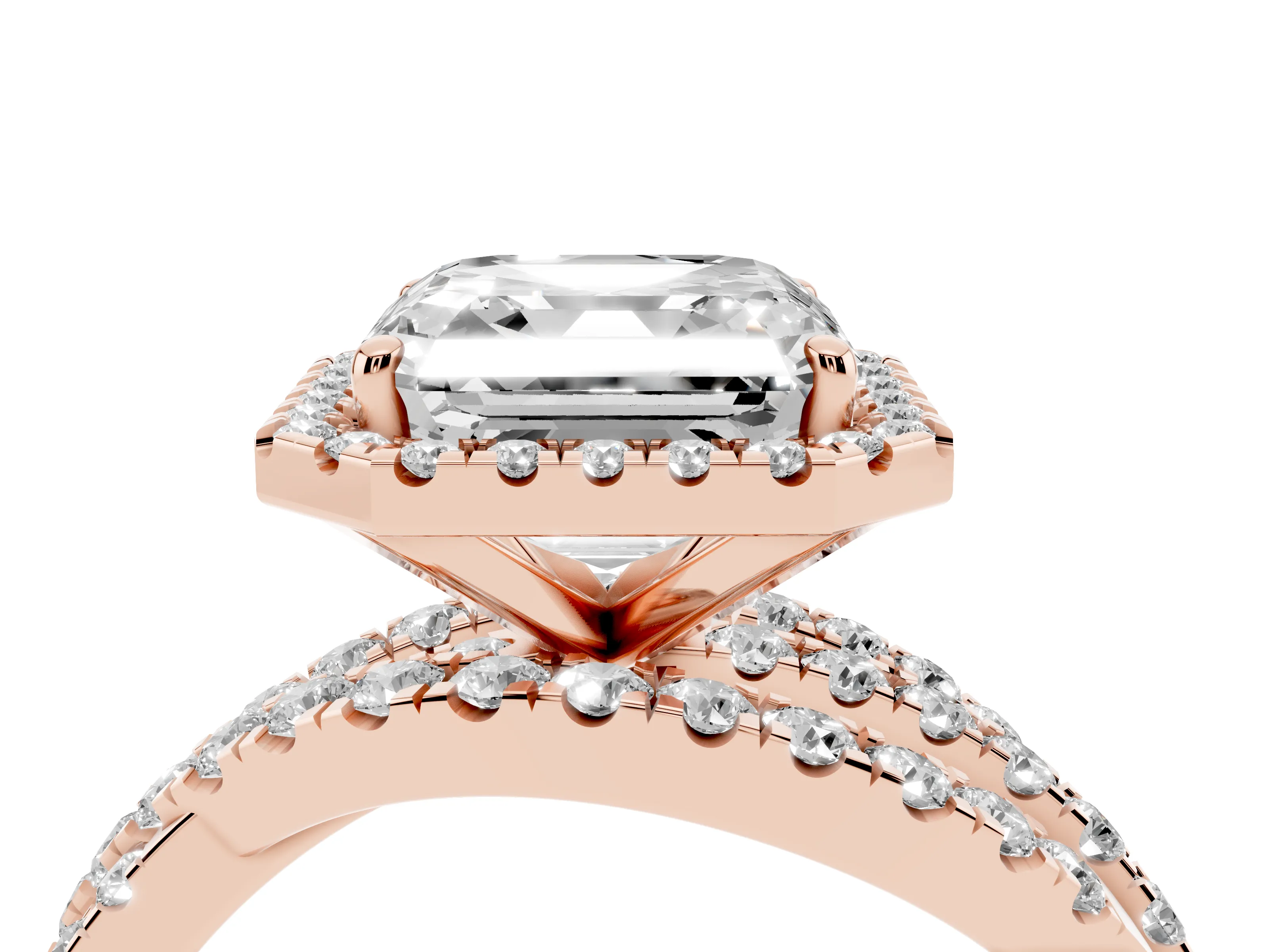 Asscher Cut Diamond Halo Ring Set in Rose gold with Round Crossover Split Shank and Prong Setting