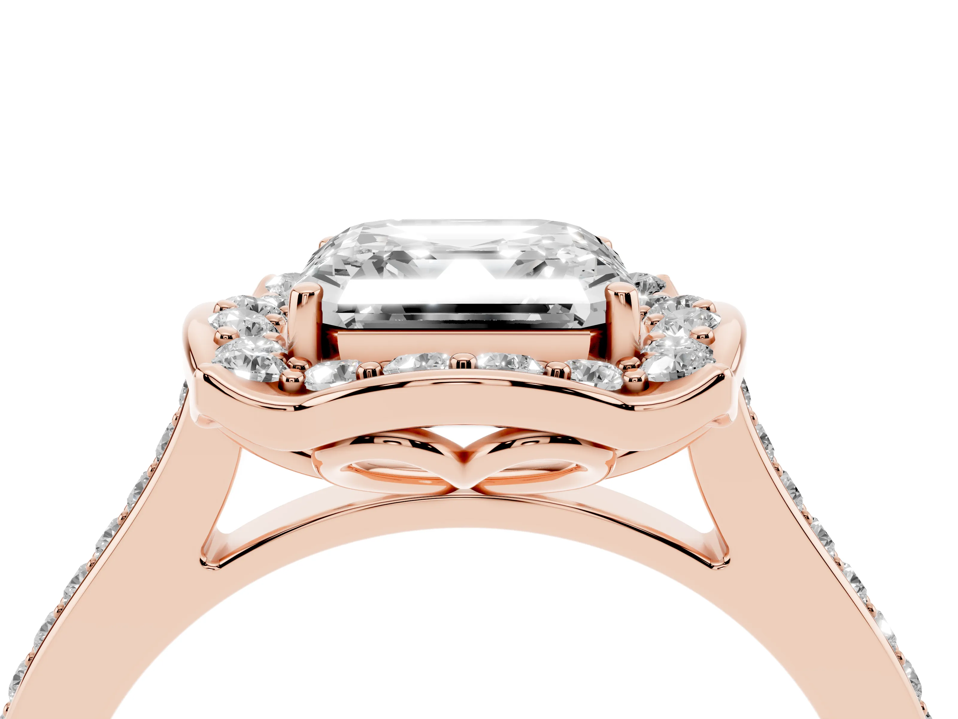 Asscher Cut Diamond Halo Ring Set in Rose gold with Pavé-Lined Shoulders and Prong Setting