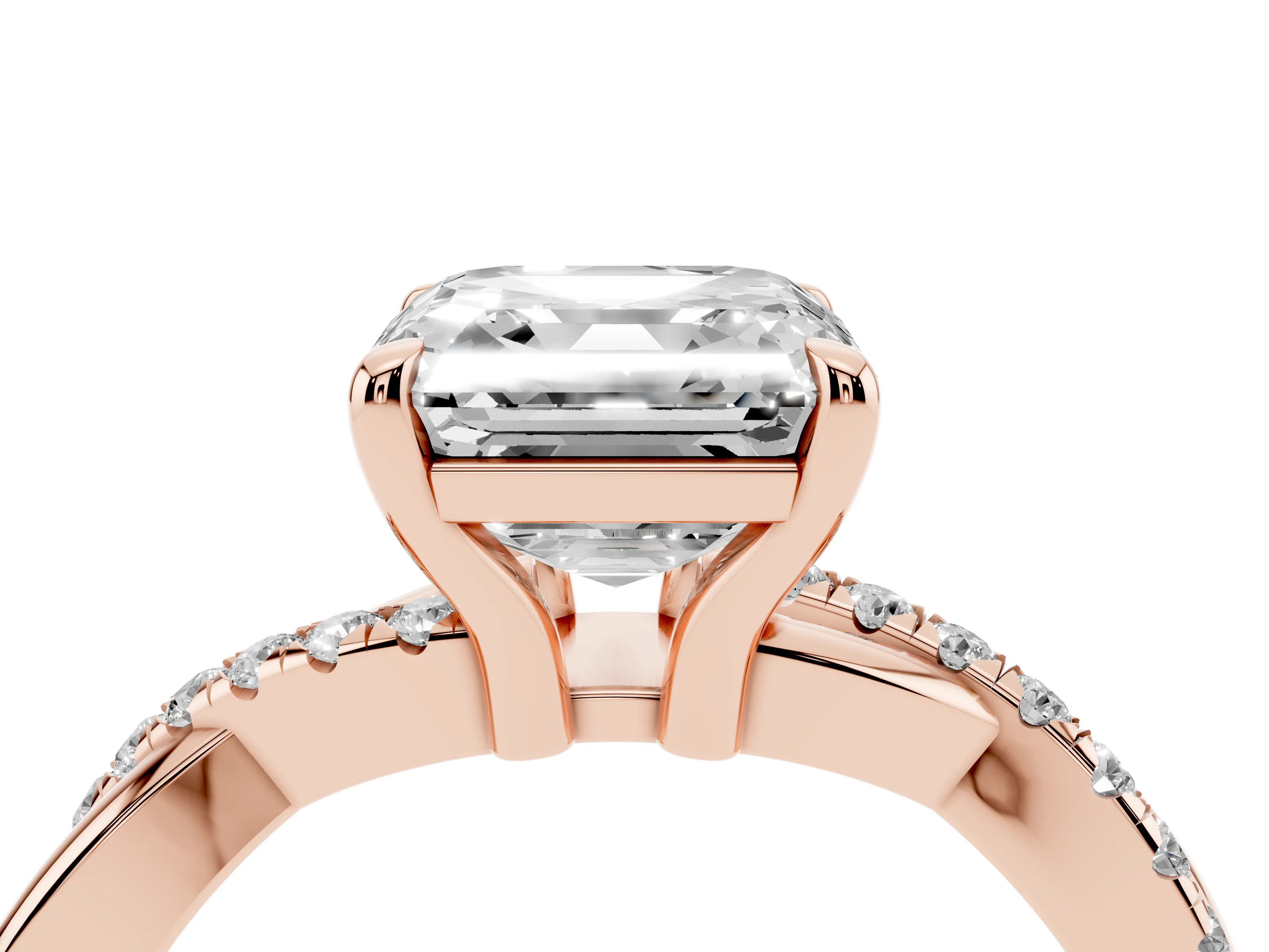 Asscher Cut Diamond Twist Band Pavé Solitaire Ring Set in Rose gold with Prong Setting
