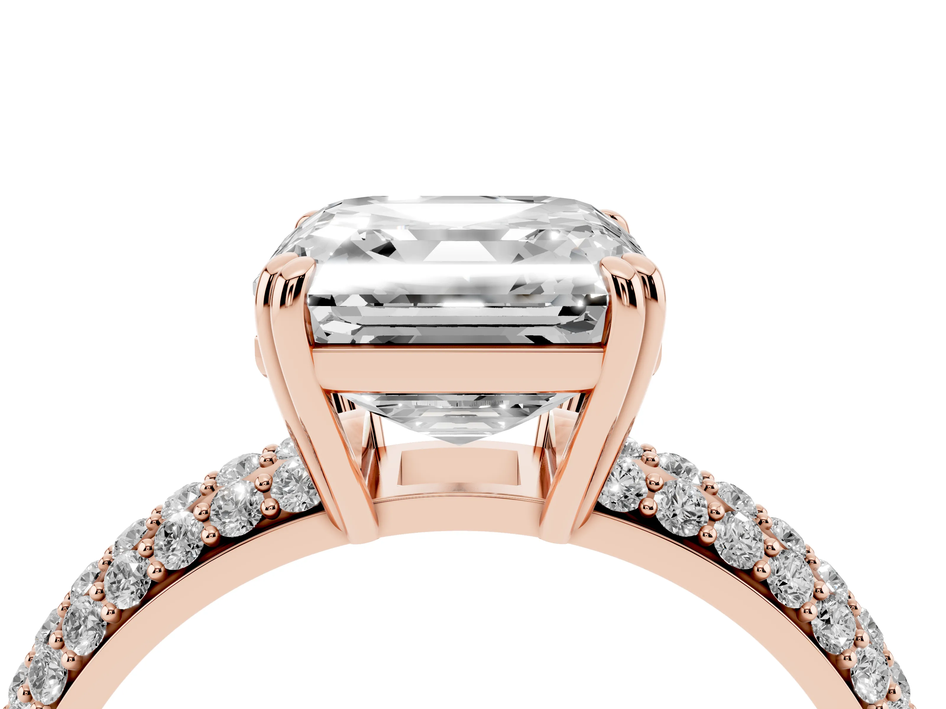 Asscher Cut Diamond Solitaire Ring Set in Rose gold with Multi-Row Round Pavé Band and Prong Setting