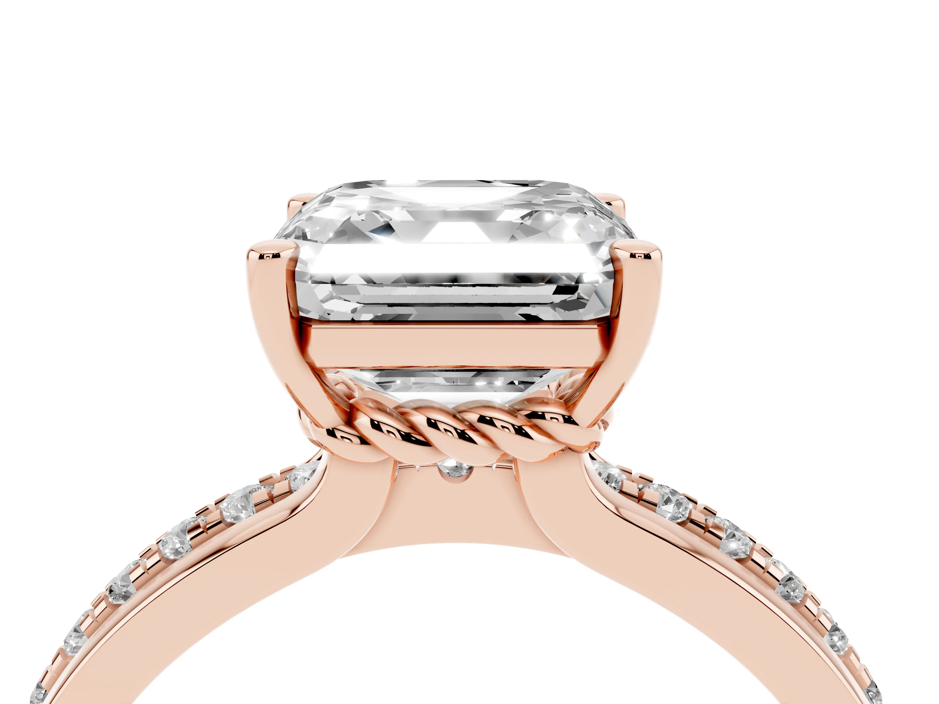 Asscher Cut Diamond Solitaire Ring Set in Rose gold with Channel Set Band and Prong Setting