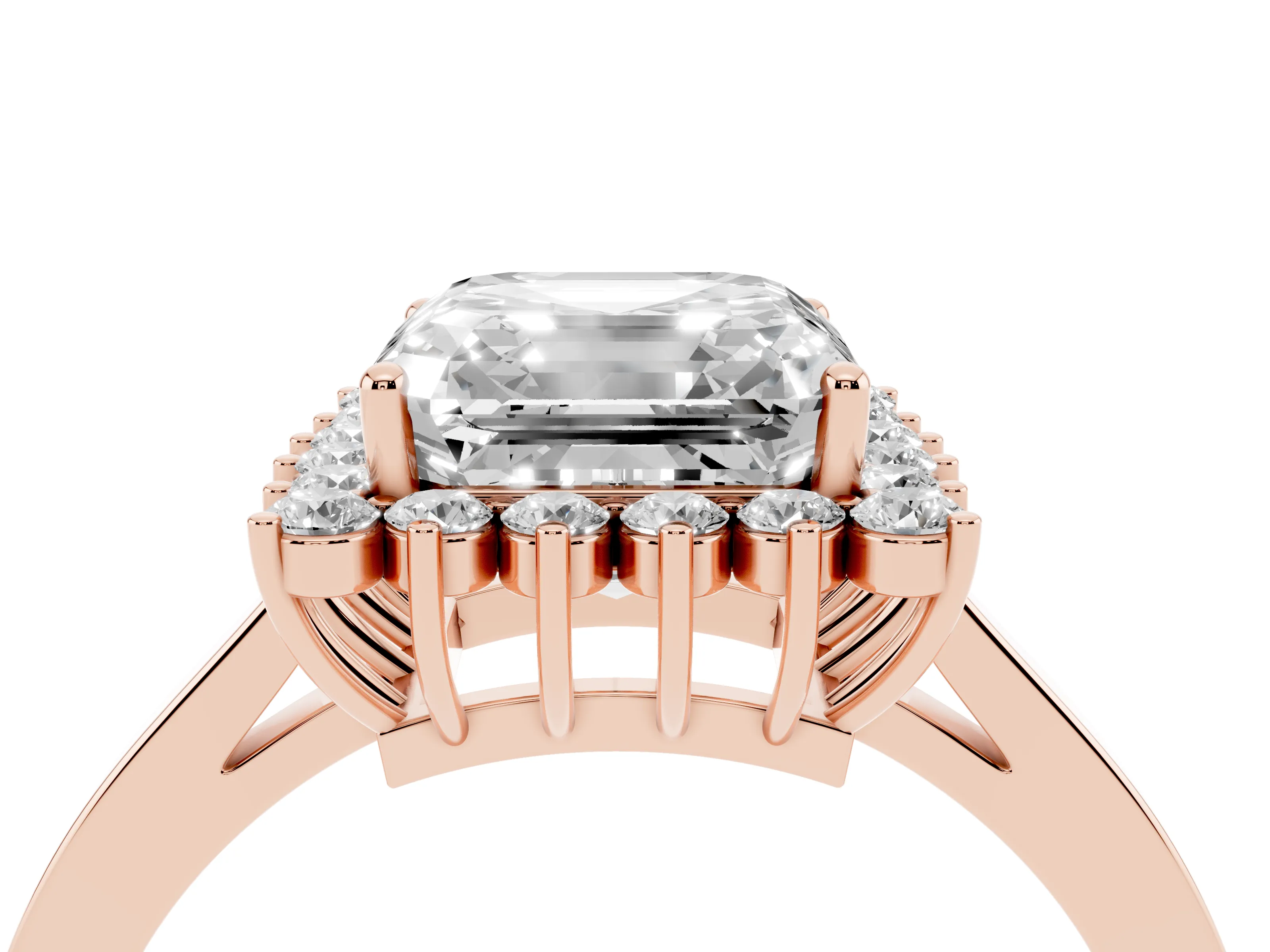 Asscher Cut Diamond Halo Ring Set in Rose gold with Round Halo and Smooth Solitaire Band