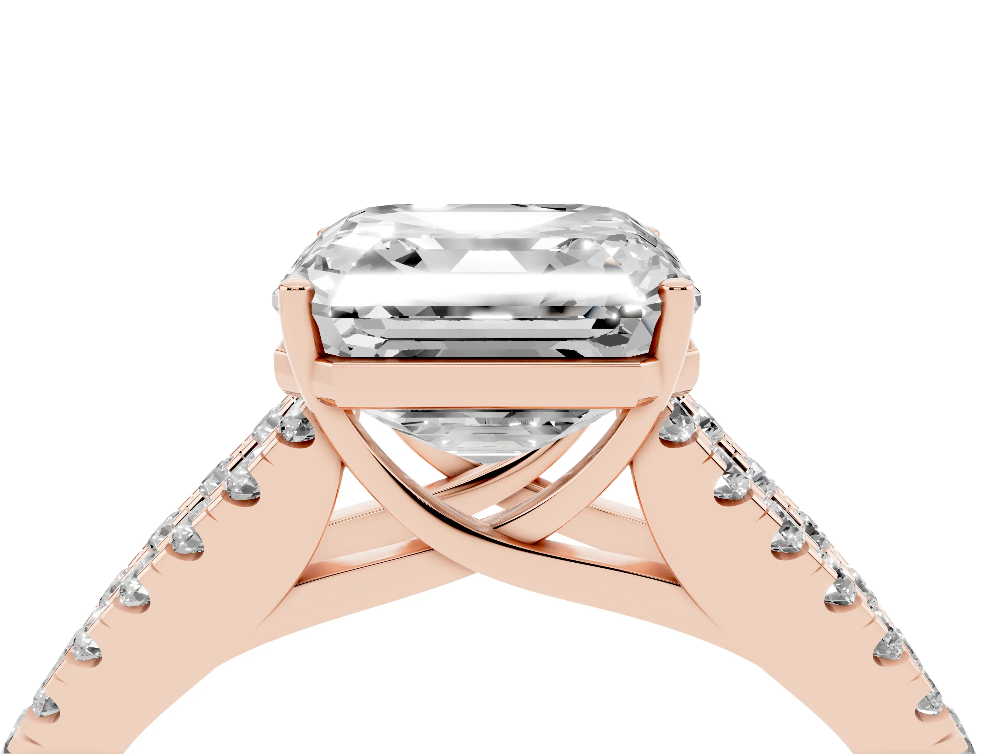 Asscher Cut Diamond Split Shank Pavé Engagement Ring Set in Rose gold with Prong-Held Center Stone