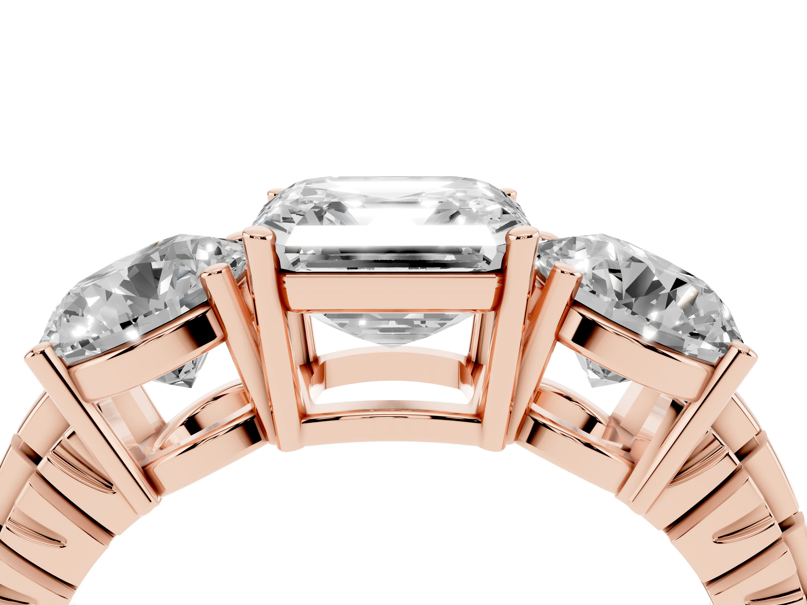 Asscher Cut Diamond Three-Stone Ring Set in Rose gold with Channel-Set Accent Band