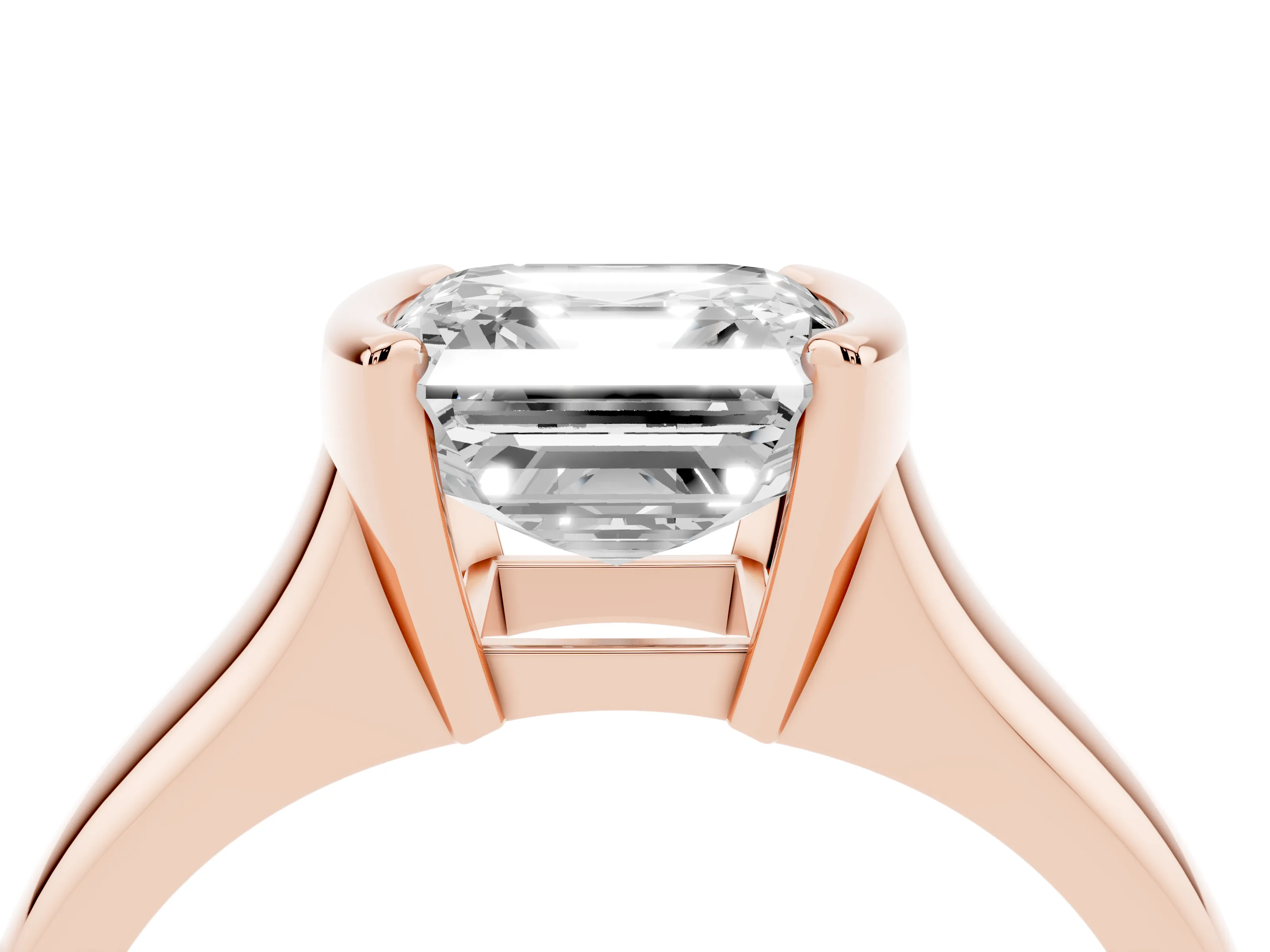 Asscher Cut Diamond Solitaire Tension Set Ring Set in Rose gold with Split Shank Band