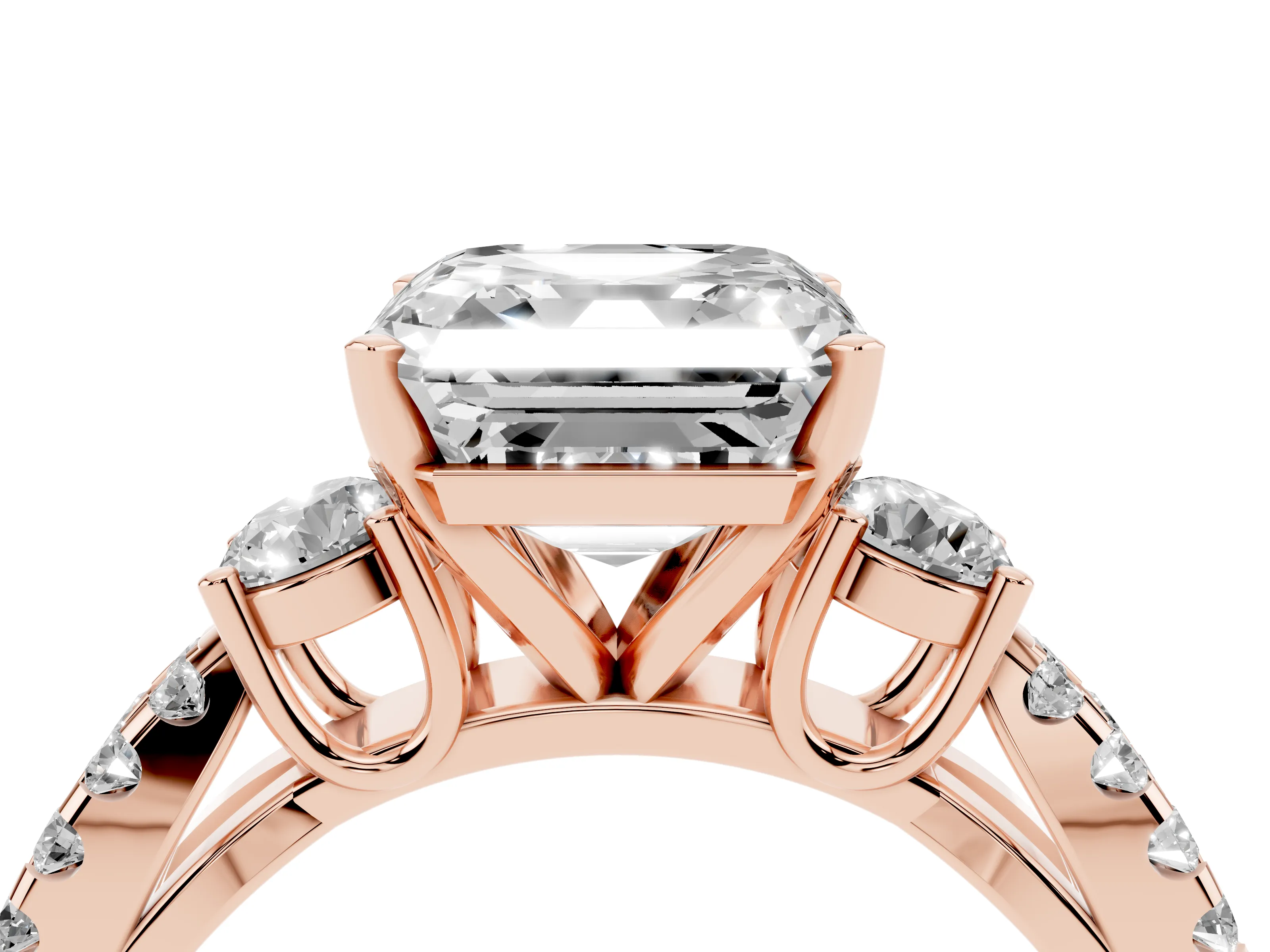 Asscher Cut Diamond Three-Stone Ring Set in Rose gold with Pavé Split Shank and Prong Setting