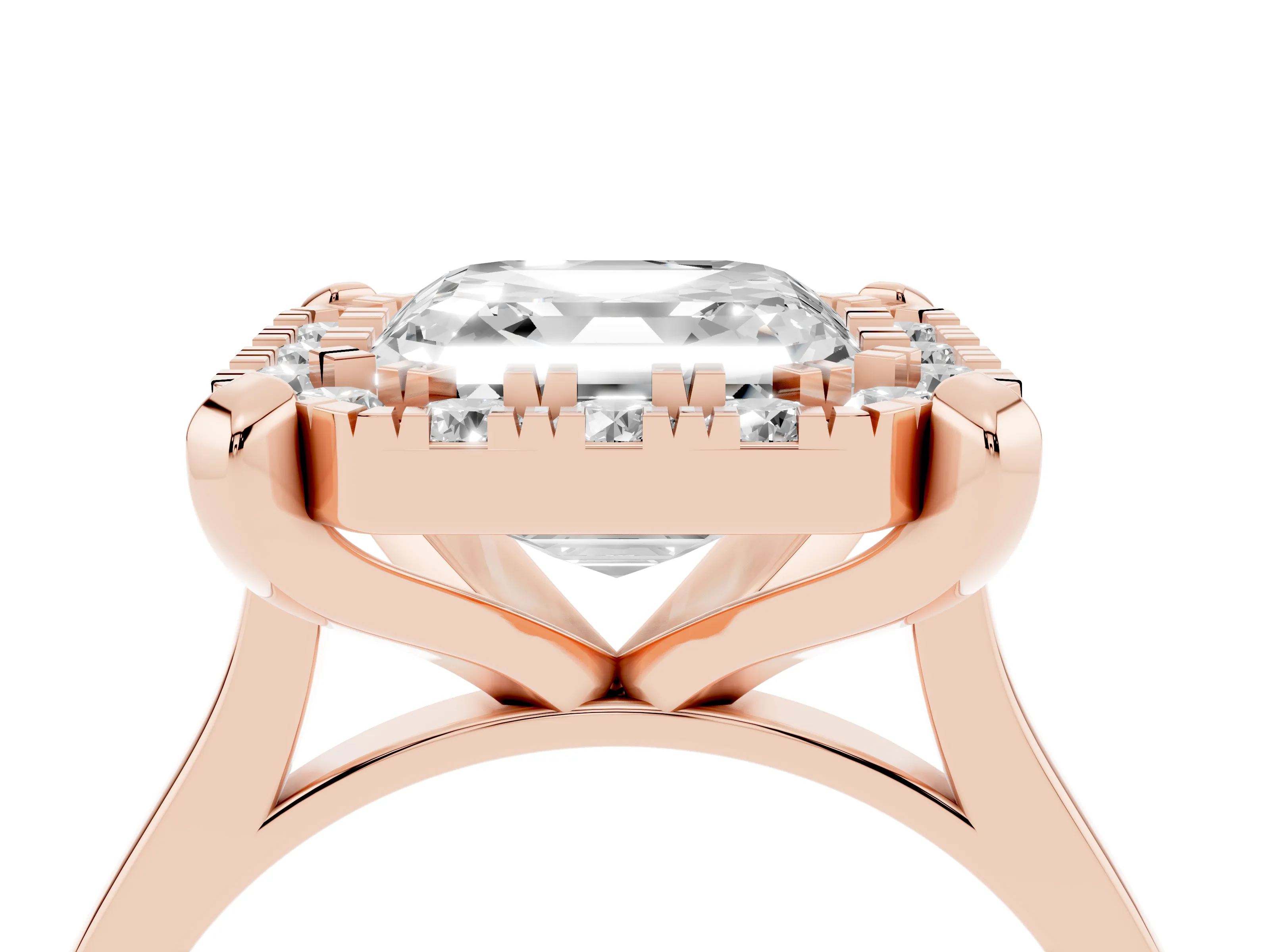 Asscher Cut Diamond Cluster Halo Solitaire Ring Set in Rose gold with Prong Setting